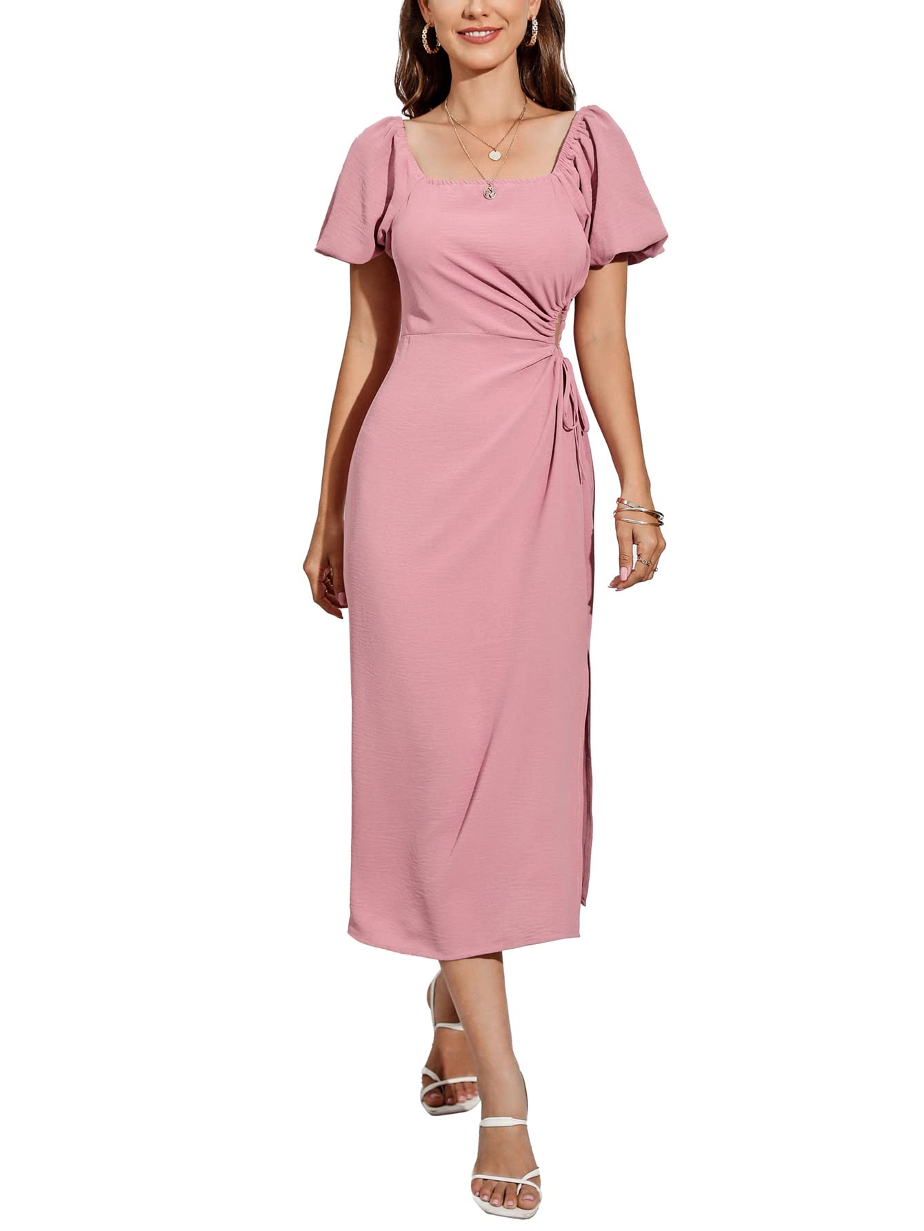 BIUBIU Women's Summer Midi Dress - Short Sleeve Casual Sundress with Side Cutout & Tie Split for Beach Vacation, Wedding Guest, Party | Flowy Comfortable Dress for Outdoor Events & Date Night