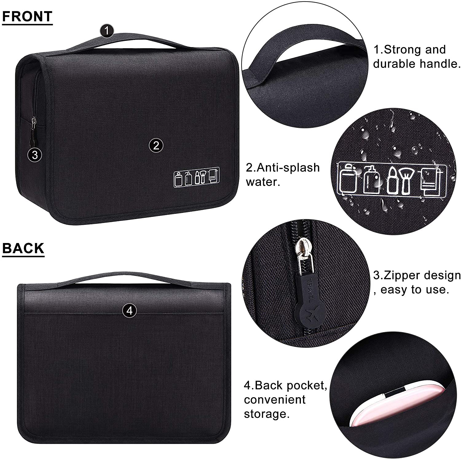 Acopton Waterproof Hanging Toiletry Bag - Portable Travel Cosmetic Organizer for Men & Women | Perfect for Bathroom, Shower & Makeup Storage (Black)