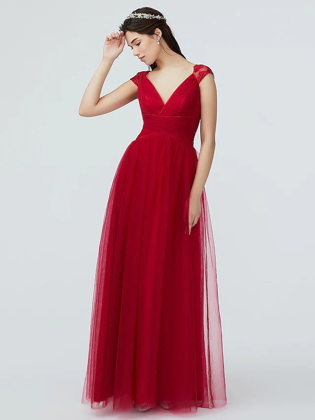 Elegant A-Line Bridesmaid Dress with V-Neck & Short Sleeves - Sparkle & Shine Floor-Length Lace Tulle Gown with Pleats | Perfect for Weddings, Formal Events & Special Occasions