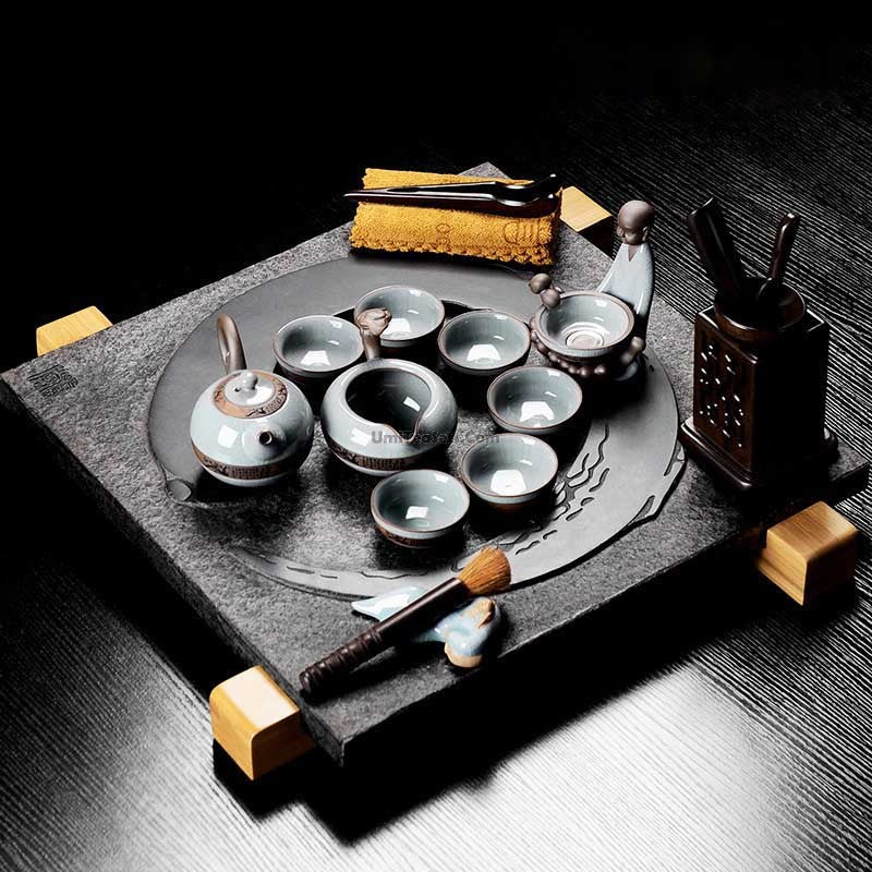 Premium Ice Crack Ruyao Ceramic Tea Set with Black Stone Tray - Traditional Chinese Gongfu Tea Ceremony Set for Home & Office Use