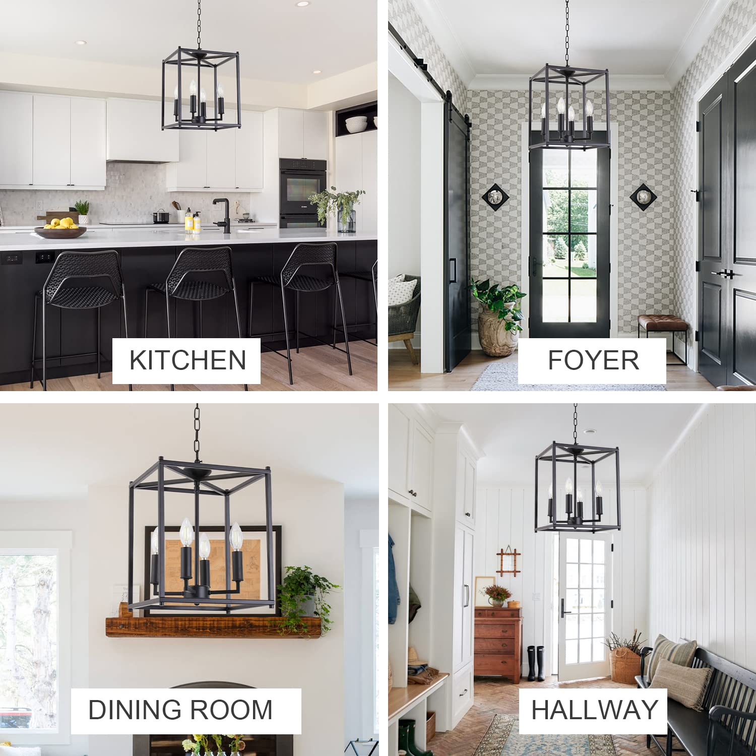 4-Light Farmhouse Chandelier - Matte Black Pendant Lighting Fixture for Dining Room, Kitchen Island, Foyer & Indoor Entryway | Rustic Lantern Hanging Light for Home Decor & Interior Design