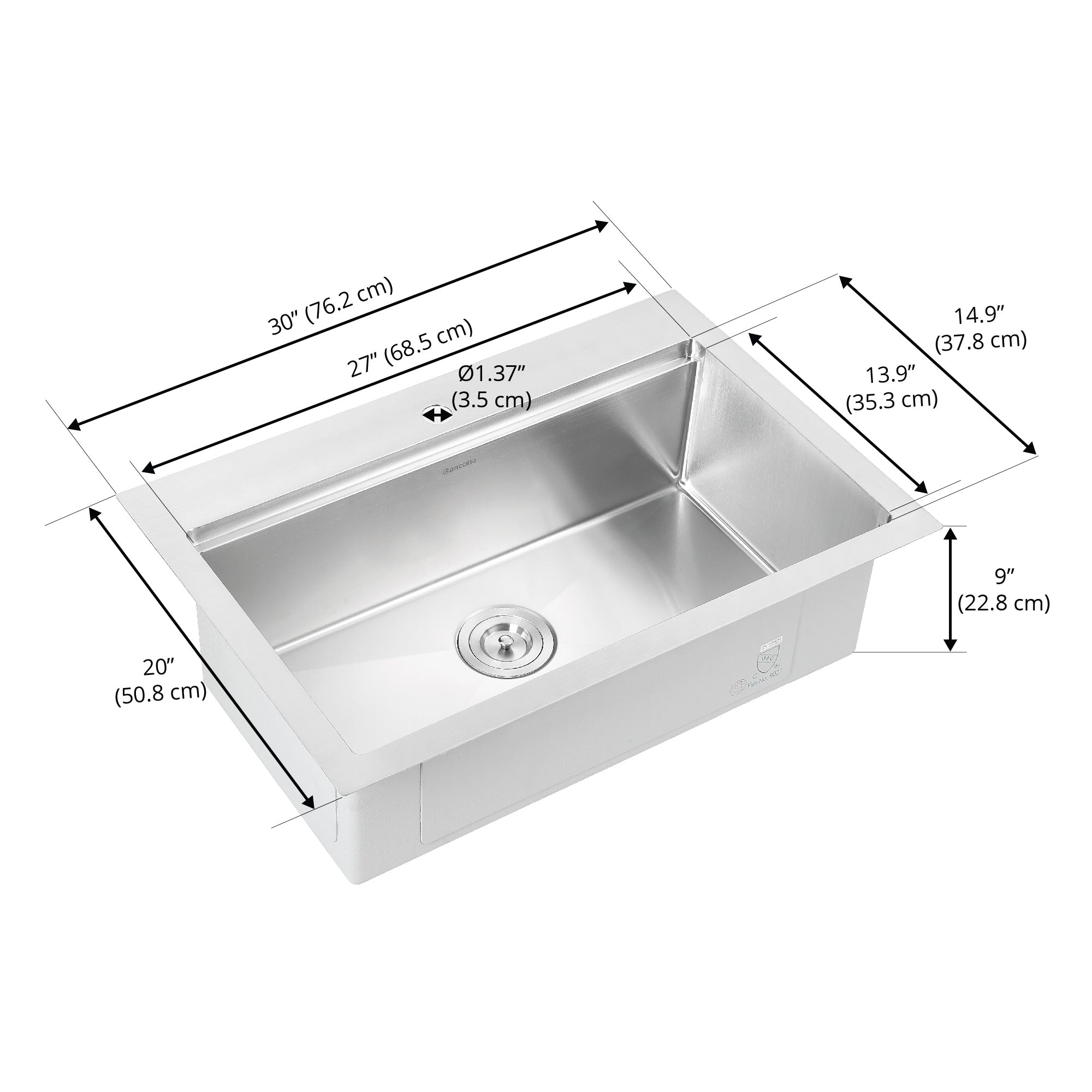 Ancona 30-Inch Handmade Drop-In Single Bowl Workstation Kitchen Sink with Accessories - Satin Stainless Steel - Perfect for Modern Kitchens & Food Prep Stations