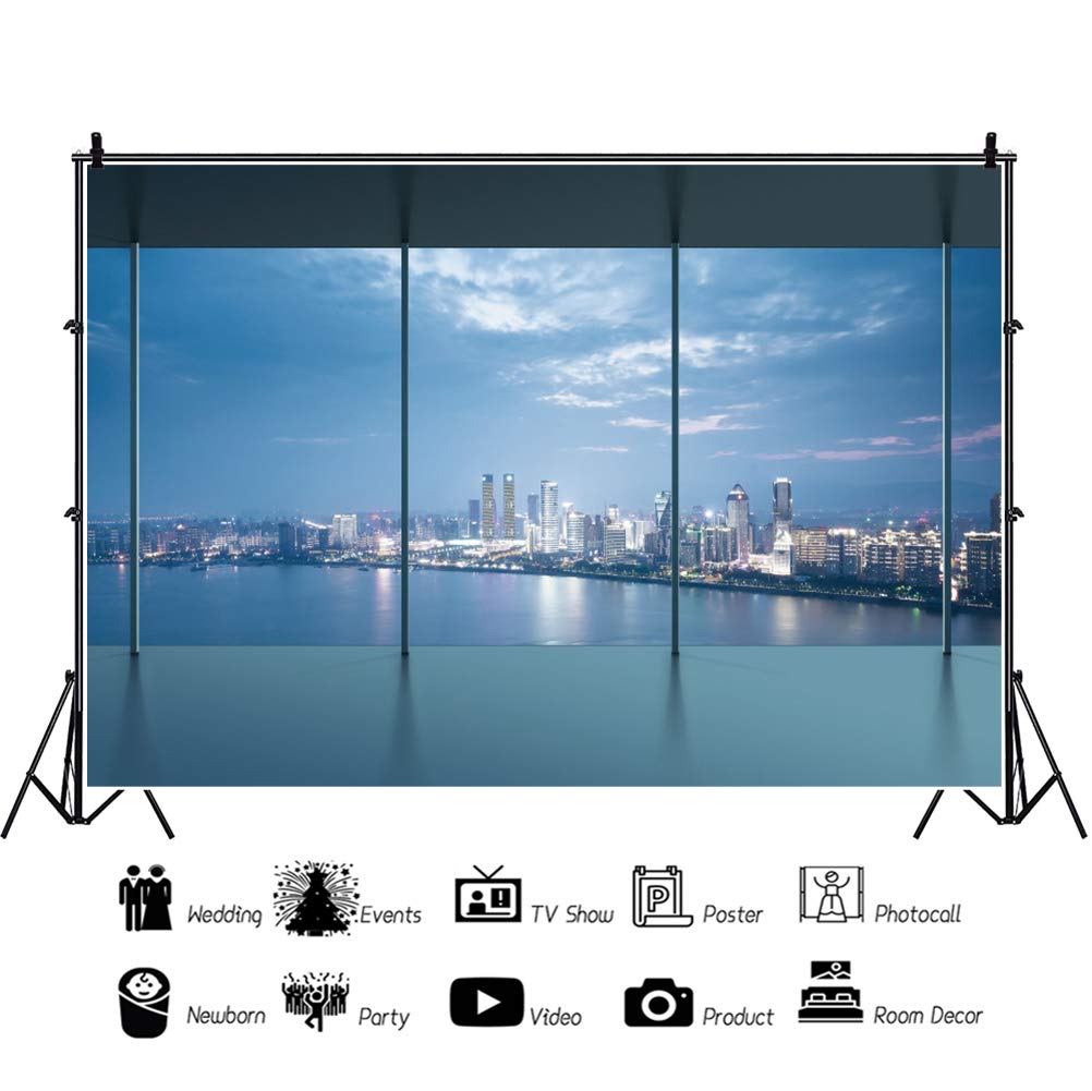 CSFOTO 15x10ft French Window Cityscape Backdrop - Urban Skyscraper Night View for Zoom Meetings, Video Recording & Home Office Decor | Perfect Background for Virtual Calls, YouTube Videos & Professional Presentations