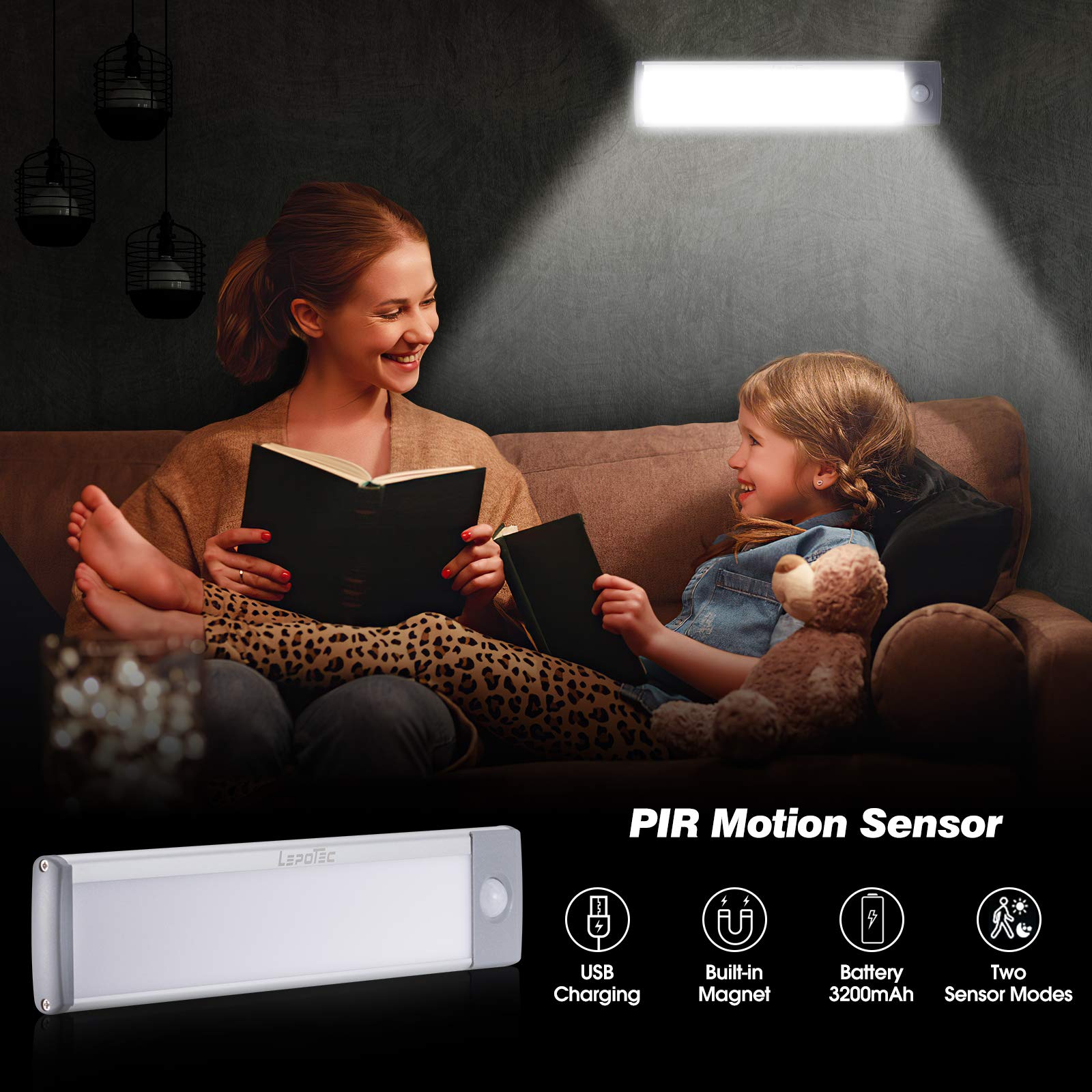 LEPOTEC 30 LED Under Cabinet Lighting with Motion Sensor - 1800mAh Rechargeable Battery Operated Closet Lights, Wireless Pantry Lights for Kitchen, Wardrobe, Nursery (2 Pack) - Perfect for Dark Spaces & Nighttime Use
