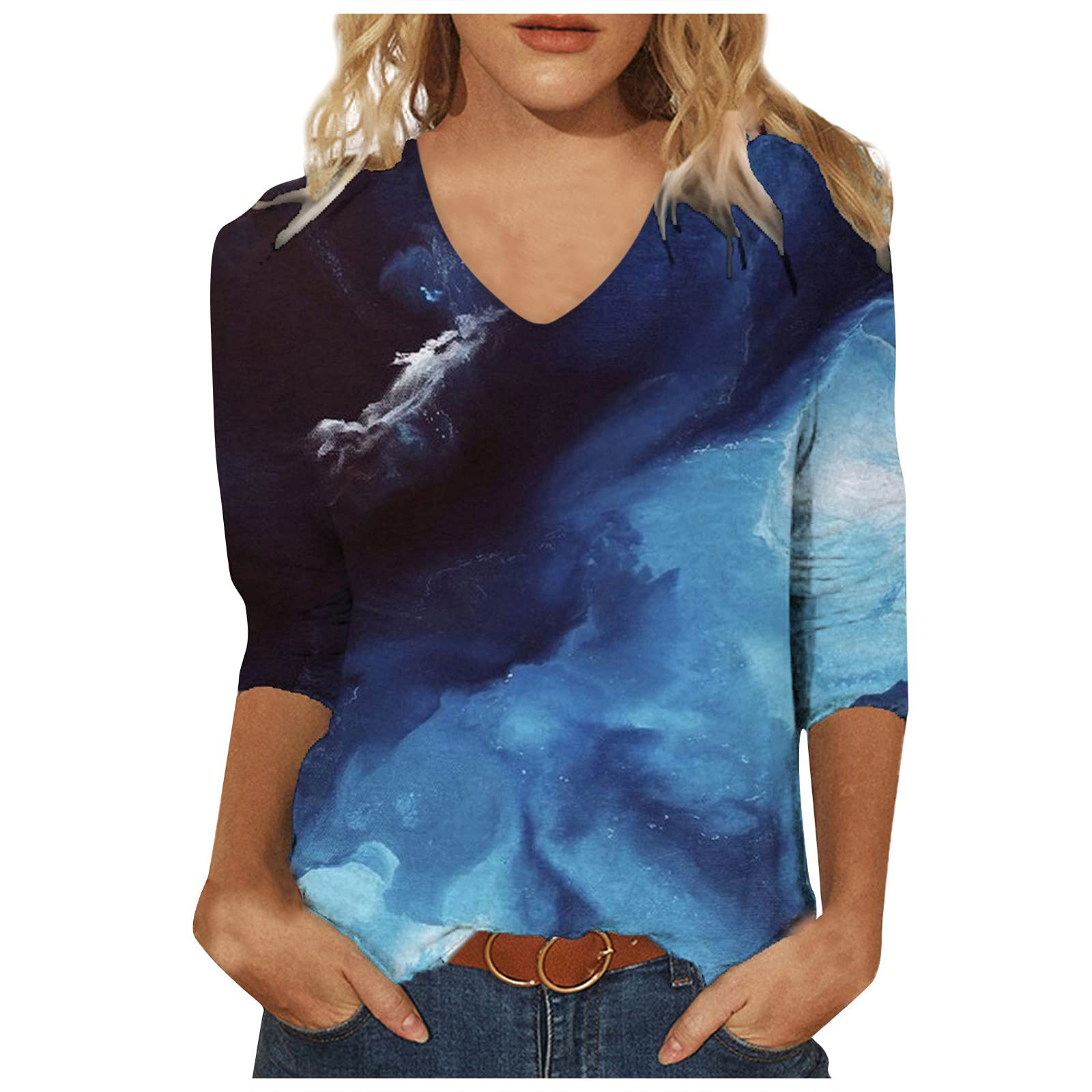 Women's Spring Printed 3/4 Sleeve V-Neck Casual T-Shirts - Floral Graphic Tees for Going Out & Everyday Wear | Perfect for Brunch, Shopping & Casual Dates