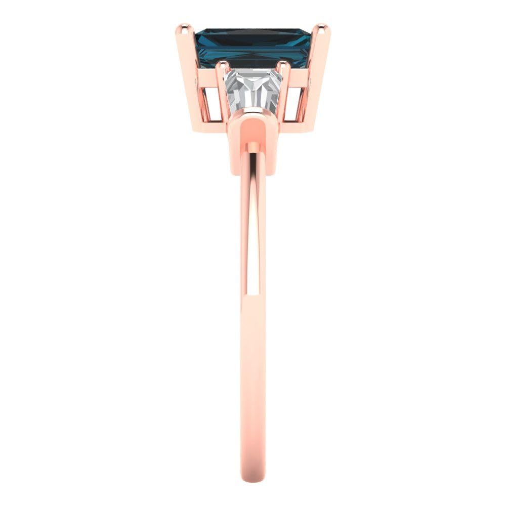 2.0 Carat Emerald Cut Natural London Blue Topaz Engagement Ring with Side Stones - 18K Rose Gold Solitaire Promise Bridal Ring for Anniversary, Wedding & Special Occasions