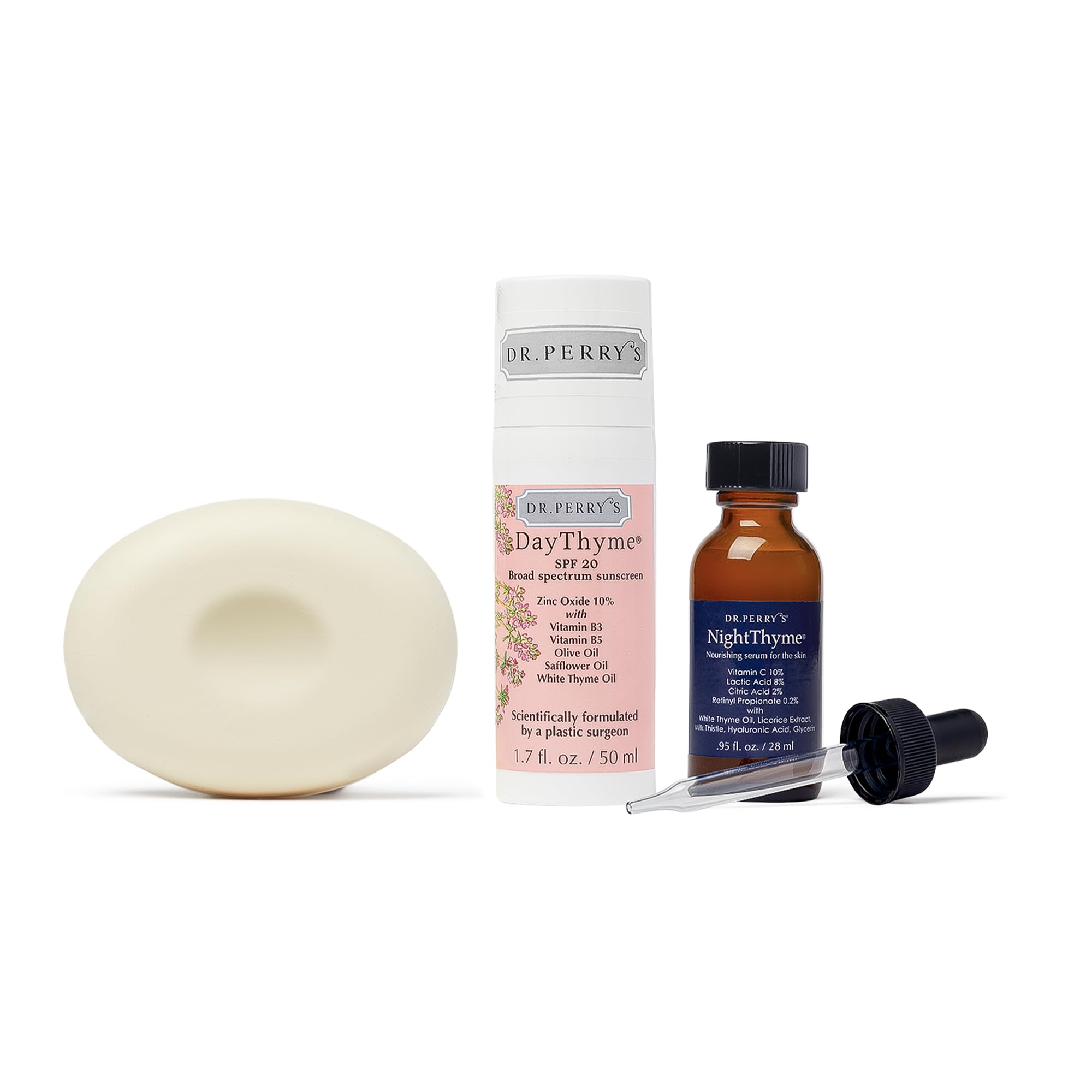 Dr. Perry's 3-Piece Basic Facial Skincare Kit - Vitamin C Night Serum, SPF 30 Sunscreen & Cleansing Bar | Anti-Aging, Brightening & Daily Protection for All Skin Types | Perfect for Morning & Night Routines