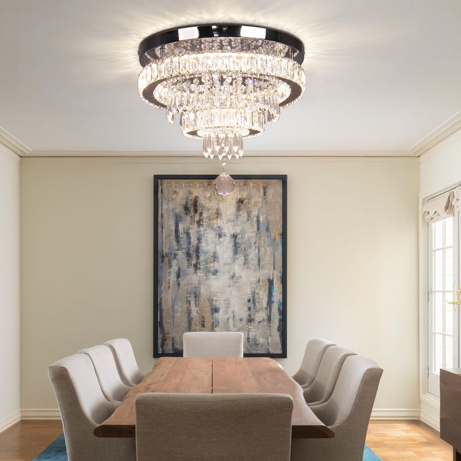 Modern Crystal Chandelier Flush Mount Ceiling Light - 16 Inch Dimmable LED Lighting Fixture with Remote Control for Bedroom, Dining Room, Living Room - Elegant Home Decor & Wedding Venue Lighting
