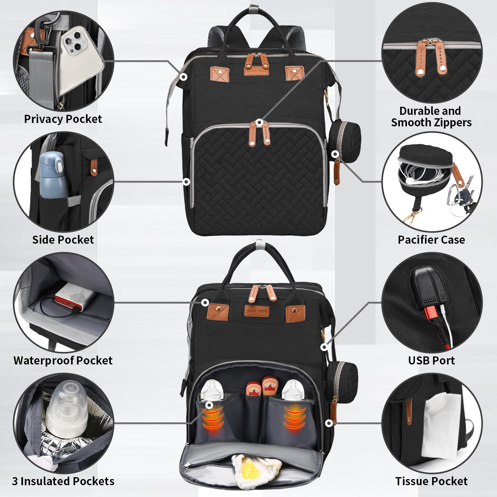 **Premium Baby Diaper Backpack with Changing Station – Multifunctional Travel Diaper Bag for Moms & Dads, USB Charging Port, Waterproof Design – Ideal Baby Shower Gift for Boys & Girls (Black) – Perfect for Travel, Outings & Daily Parenting**