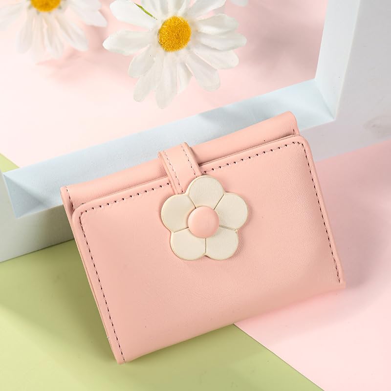 Valerie Cute Small Wallets for Teen Girls & Women - PU Leather Trifold Wallet with 3D Floral Buckle, ID Window, Cash Pocket & Card Holder - Perfect for School, Travel & Everyday Use (Pink)
