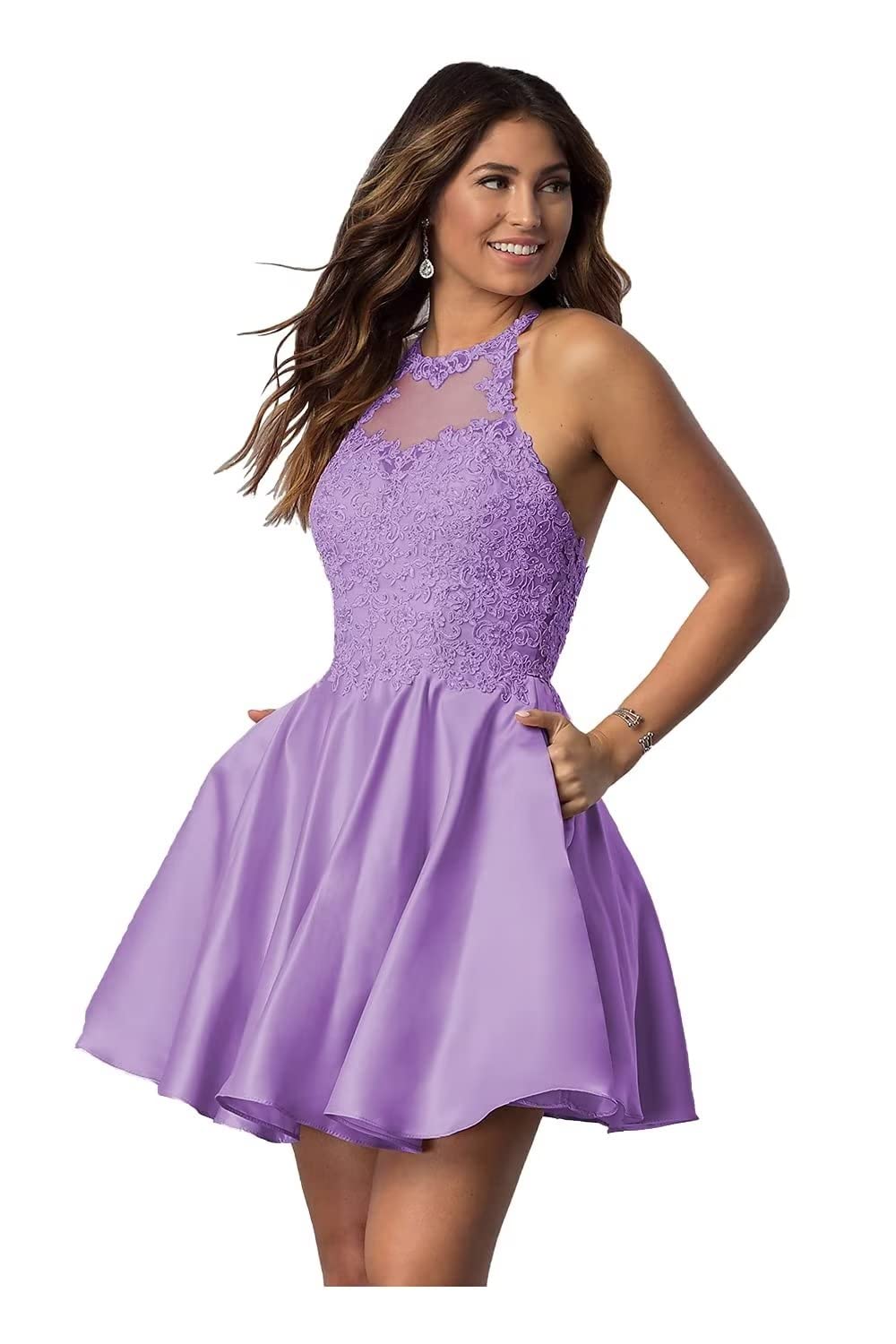 Elegant Halter Lace Applique Short Prom Dress with Pockets | 2022 Satin Cocktail Dress for Teens | Perfect for Homecoming, Parties & Special Occasions