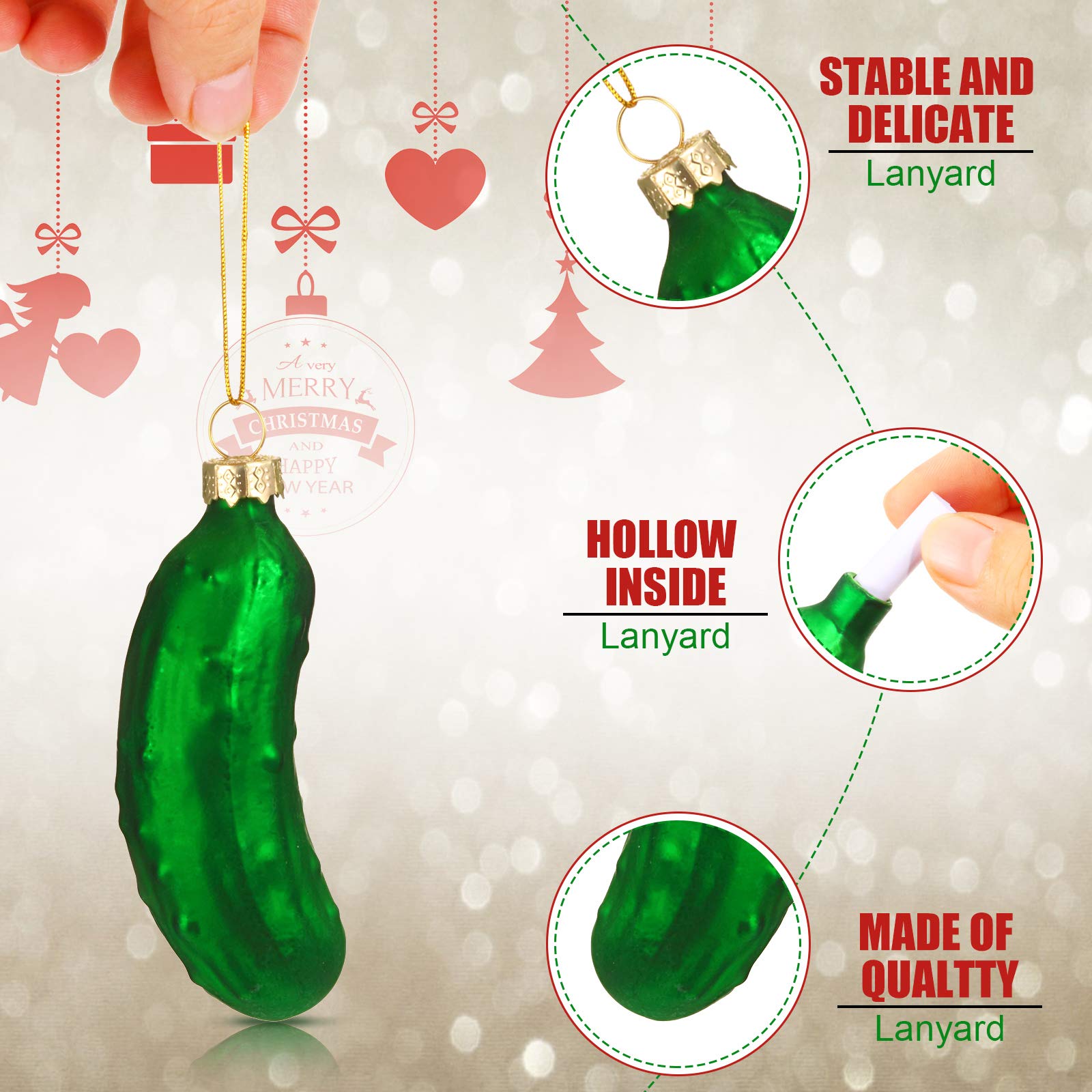 Syhood 4-Piece Glass Blown Christmas Pickle Ornament Set - Holiday Tree Decorations with Hanging Strings | Perfect for Xmas Tree Decor, Gift Exchange & Festive Home Decor