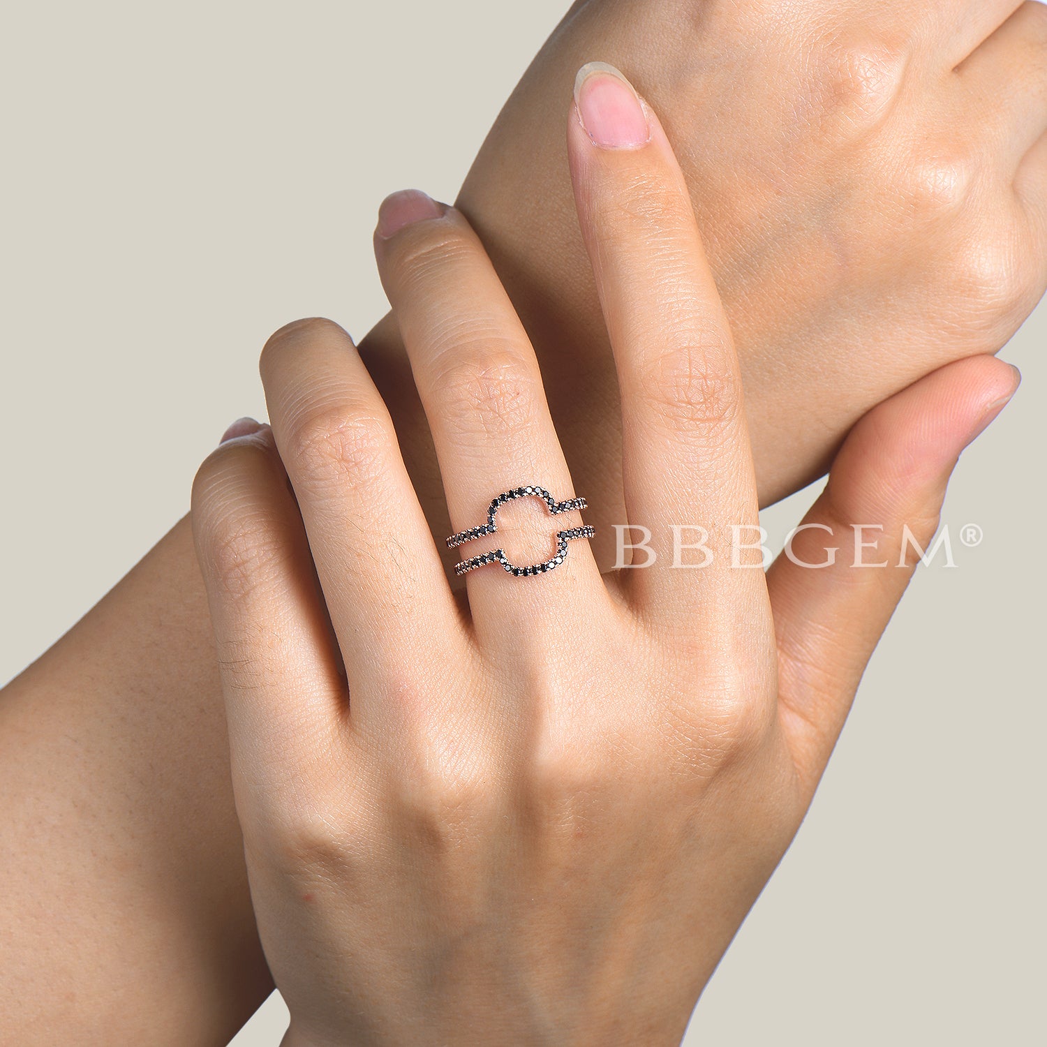 Exquisite Round Cut Black Spinel Double U Curved Wedding Band Ring Enhancer in Rose Gold | Perfect for Bridal Stacking, Anniversary Gifts & Special Occasions