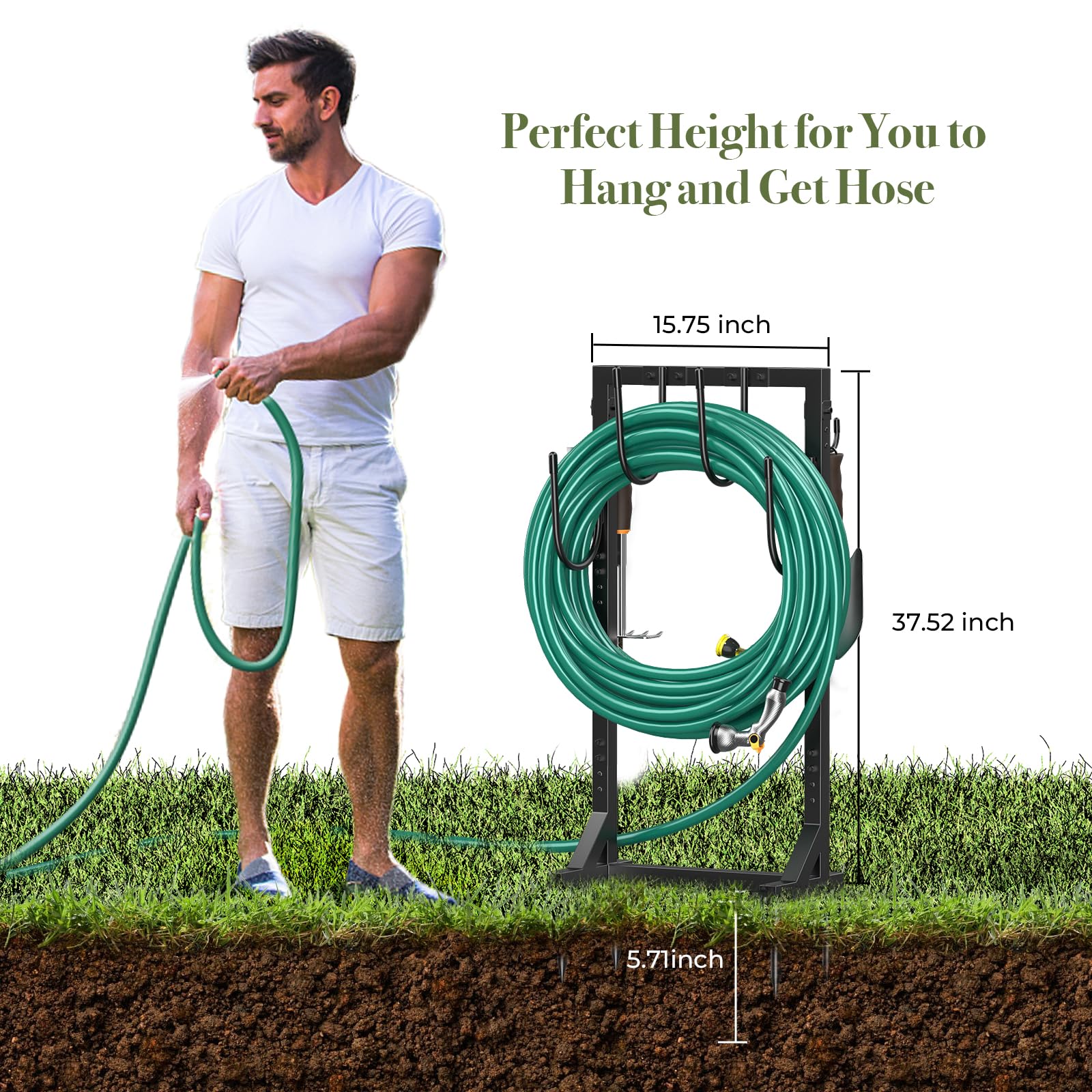 Heavy Duty Freestanding Garden Hose Holder with 4 Spikes & 6 Hooks - Outdoor Metal Water Hose Storage Stand Hanger for Yard, Lawn, and Garden (Black) | Perfect for Organizing Garden Hoses, Sprinklers, and Watering Tools