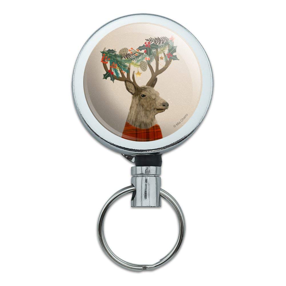 Christmas Tartan Deer & Holly Antlers Heavy Duty Metal Retractable ID Badge Holder - Key Card Reel with Belt Clip for Office, School, Hospital & Security Professionals
