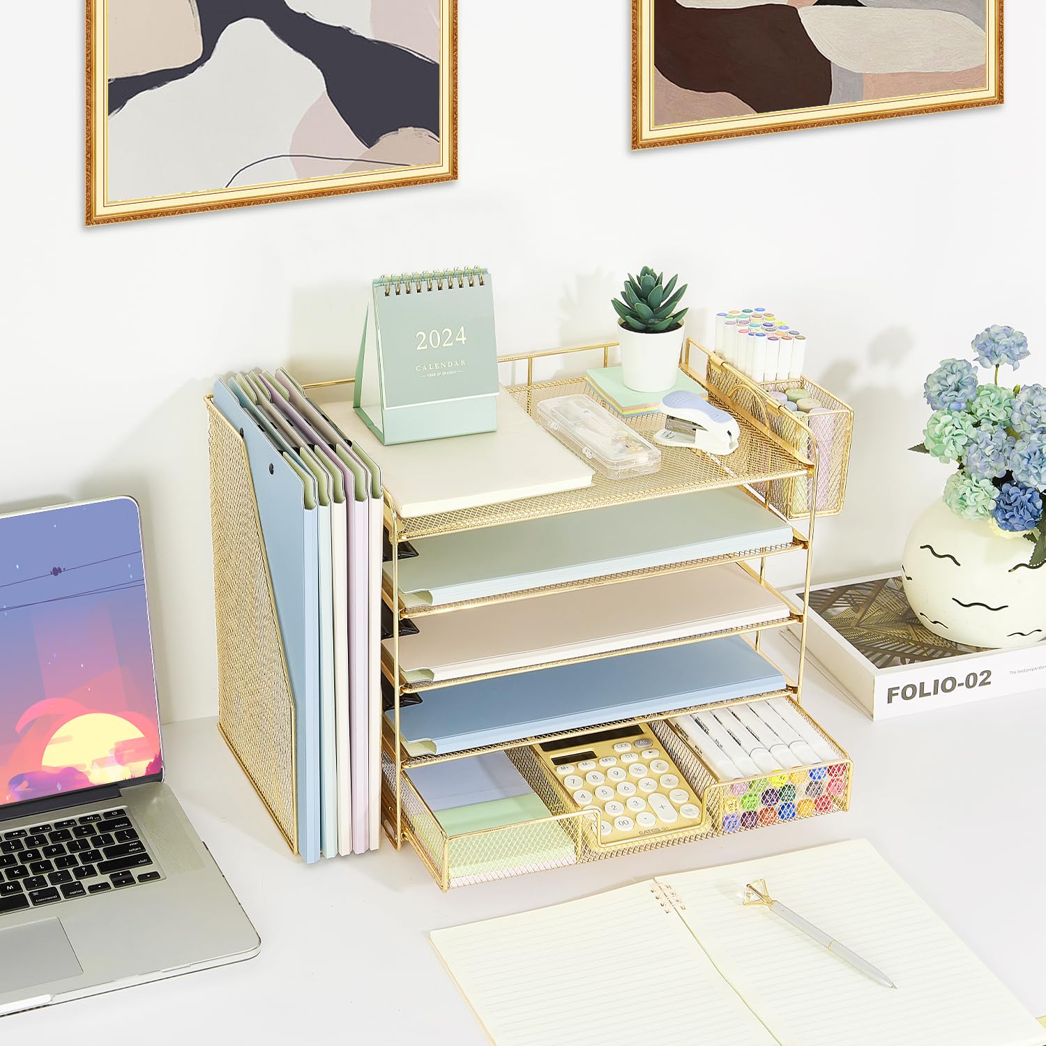 Youbetia 5-Tier Desk Organizer with Vertical File Racks & Drawer - Desktop Paper Tray Office Organizer with Pen Holder - Workspace Accessories for Home & Office (Gold) - Perfect for Organizing Documents, Stationery & Office Supplies