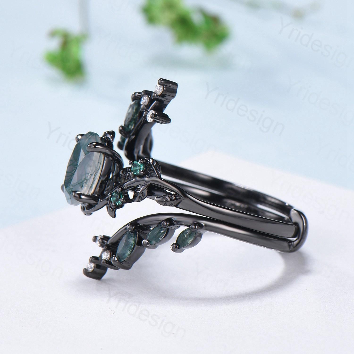 Unique Black Gold Gothic Moss Agate Ring Set - Oval Green Marquise Cut with Leaf Vine Design for Engagement, Bridal & Wedding Jewelry - Perfect for Nature-Inspired Boho, Vintage & Gothic Fashion Lovers