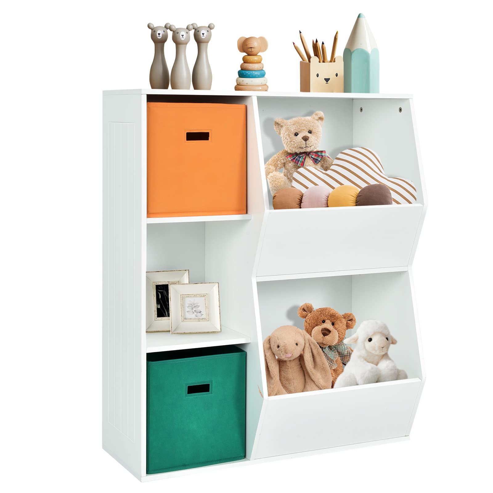 Costzon 5-Cubby Wooden Toy Storage Organizer with Bookcase & Bins - Kids Bookshelf & Toy Cabinet for Toddlers - Nursery, Playroom, Daycare & Living Room Storage Solution (White) - Perfect for Organizing Toys, Books & Kids' Essentials in Bedrooms & Classrooms