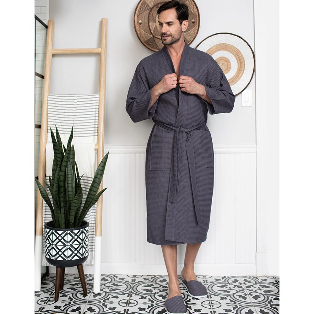 Luxury Soft Waffle Weave Cotton Bathrobe for Men - Premium SPA Quality Linen Robe - Perfect for Relaxation, Lounging & After Shower Comfort