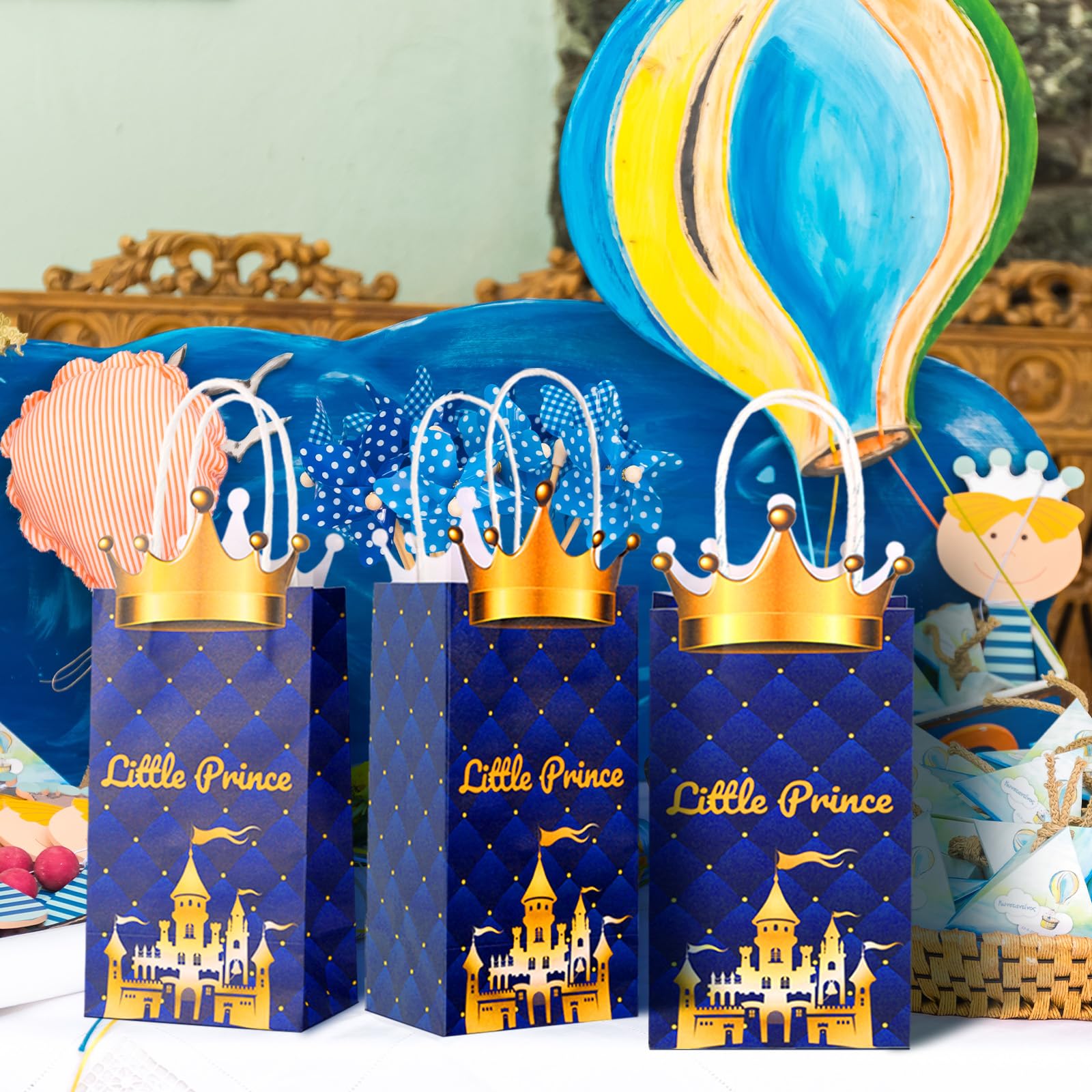 16 Pack Prince Party Favor Bags with Glitter Crowns & Handles - Kraft Paper Goodie Bags for Baby Showers, Birthdays, Royal Themed Parties - Perfect for Treats, Gifts & Party Supplies