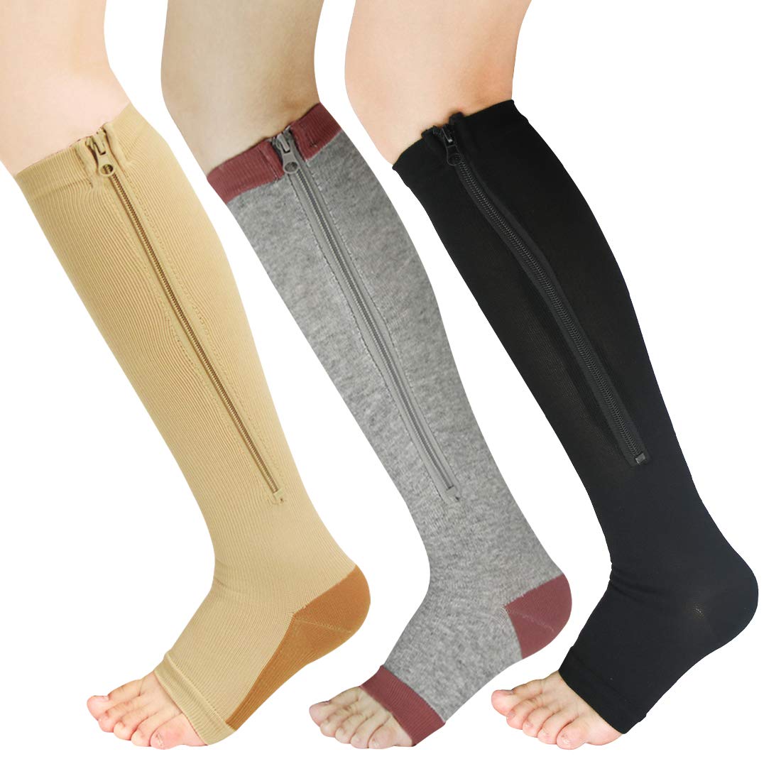 YUSHOW 3 Pairs Open Toe Compression Socks for Women - Breathable Zipper Support Stockings, Knee High Toeless Socks for Running, Travel & Varicose Vein Relief