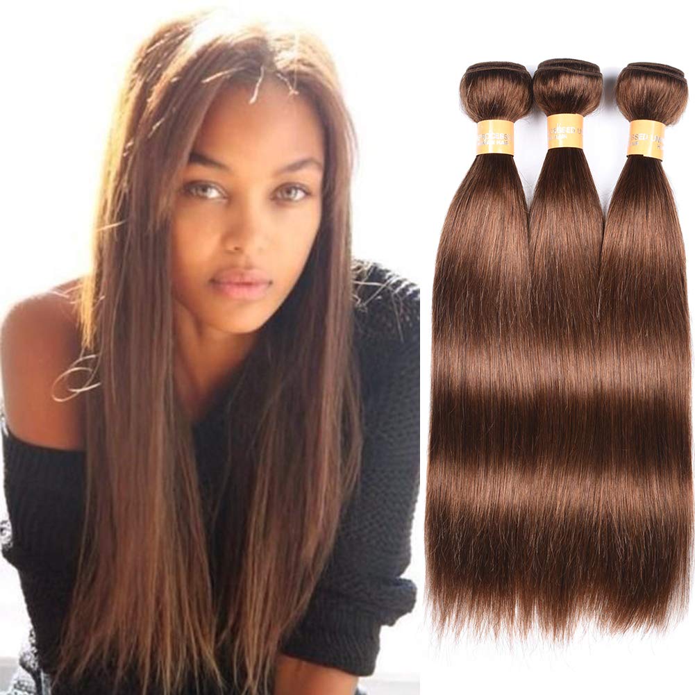 100% Virgin Peruvian Human Hair Bundles - Unprocessed Silky Straight Hair Extensions 3 Bundles (18 20 22 Inch, Medium Brown 4#) for Weaving, Styling & Everyday Glamour