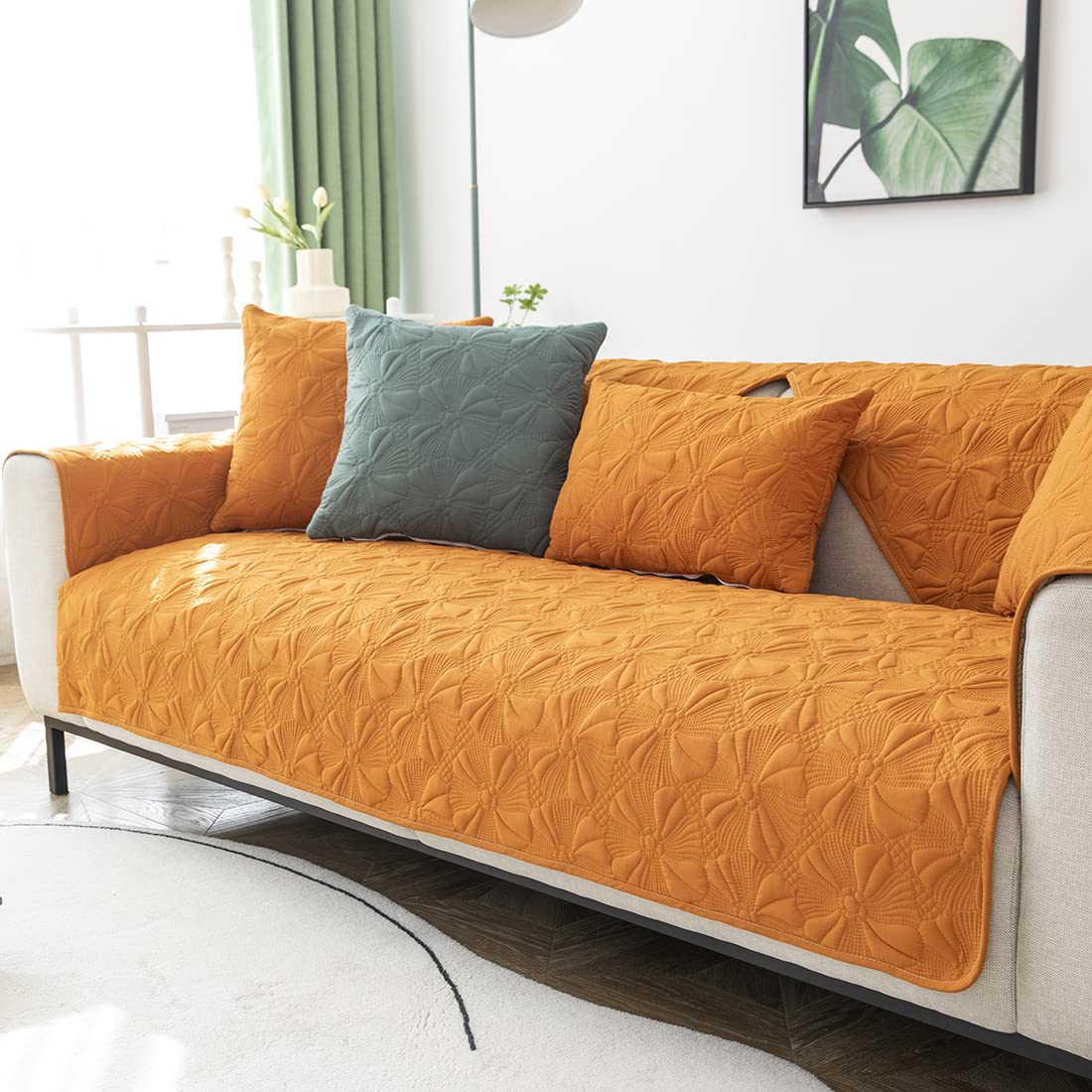 VCTOPS Quilted Cotton Non-Slip Sofa Cover for Sectional Couches - Pet-Friendly Embroidery Couch Cover for Dogs & Cats - Fits L-Shaped Leather Recliners (43