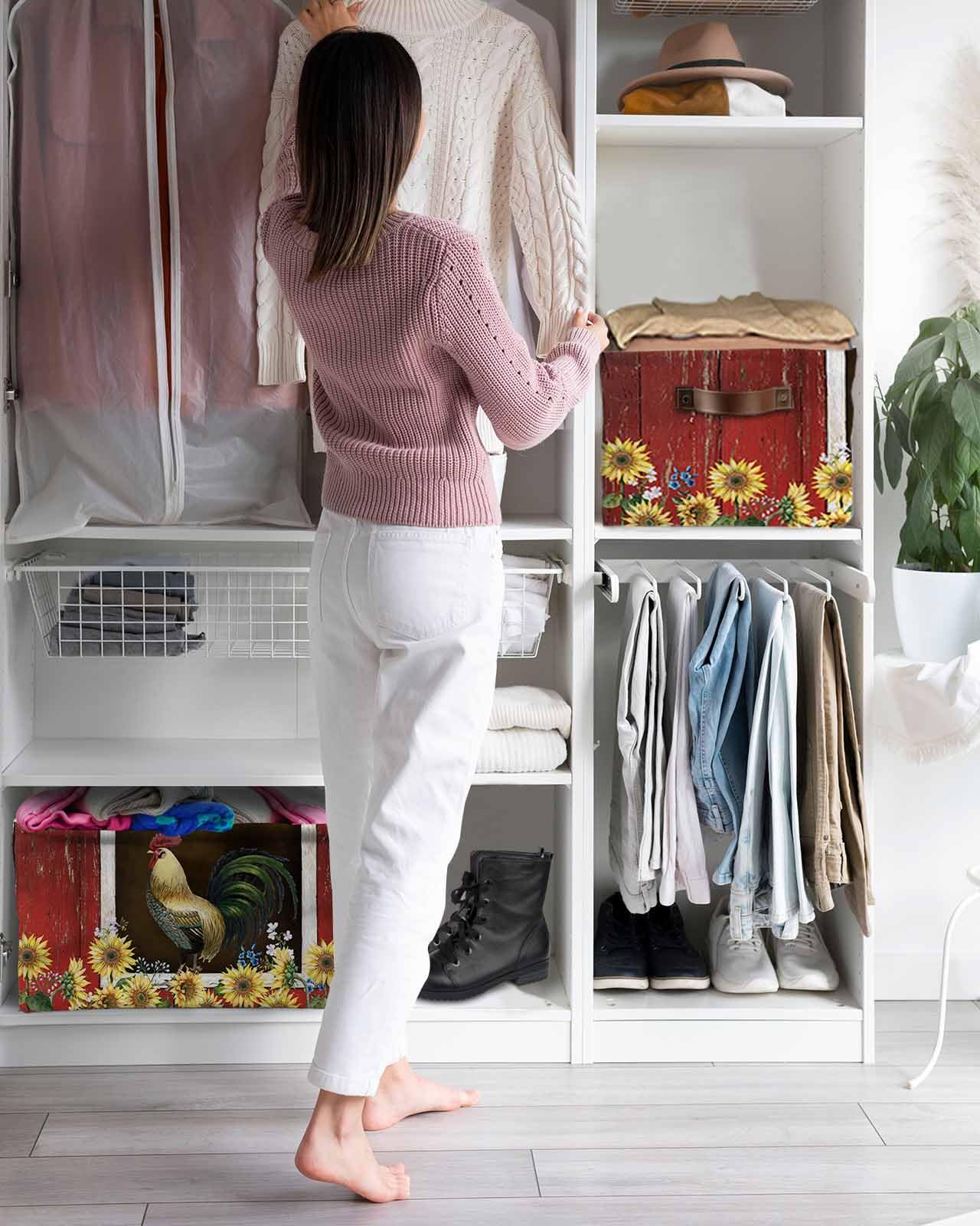 Large Collapsible Storage Bins with Handles - Farmhouse Sunflower Rooster Bee Design, Wooden Barn Style Storage Baskets & Cube Organizers for Shelves, Closet, Nursery (2-Pack) - Perfect for Home Organization, Kids' Room Decor & Farmhouse Style Storage Solutions