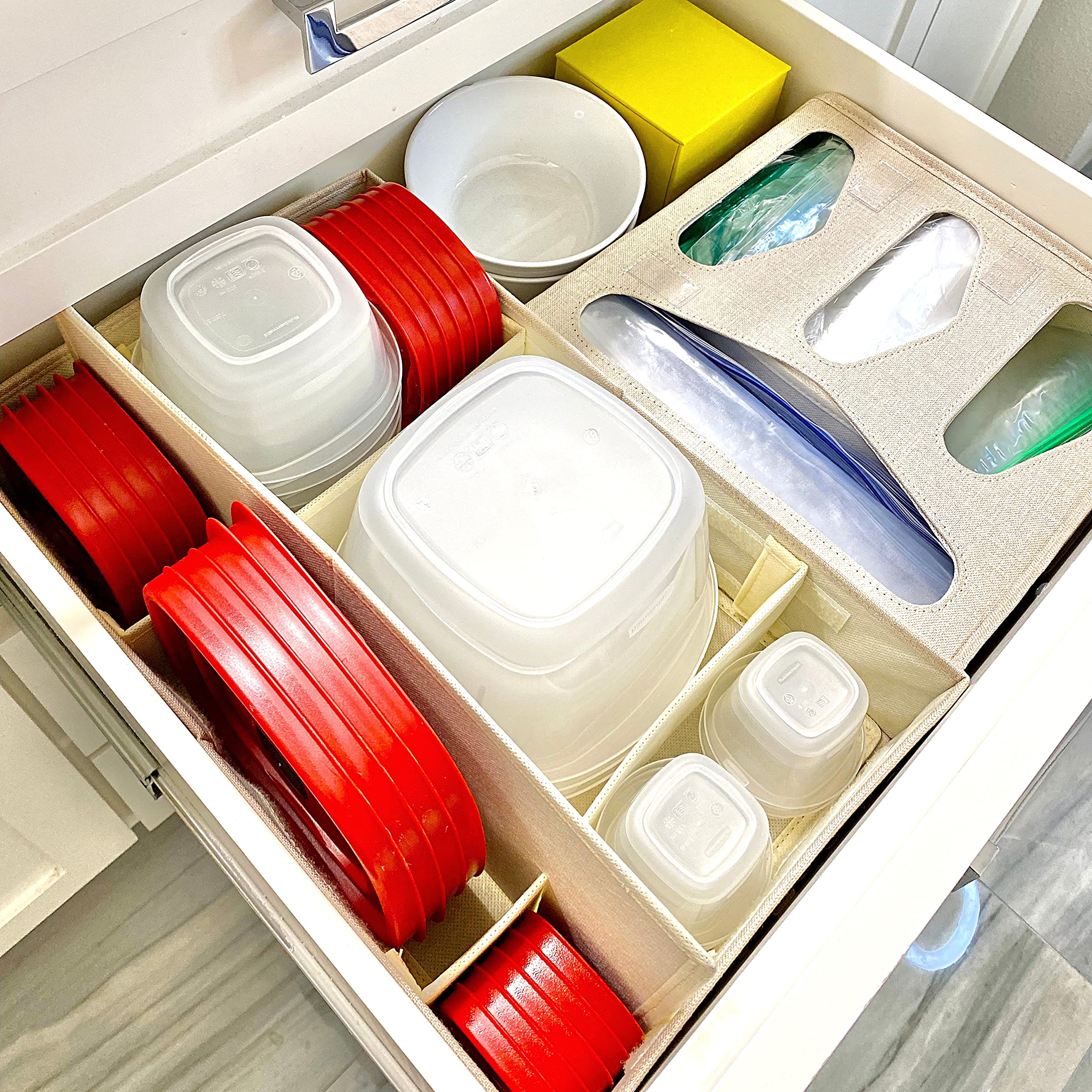 Food Storage Container Organizer Box - Adjustable Foldable Cloth Drawer Organizer for Rubbermaid & Glad Containers with Lids | Perfect Kitchen Storage Solution for Pantry, Fridge & Cabinet Organization