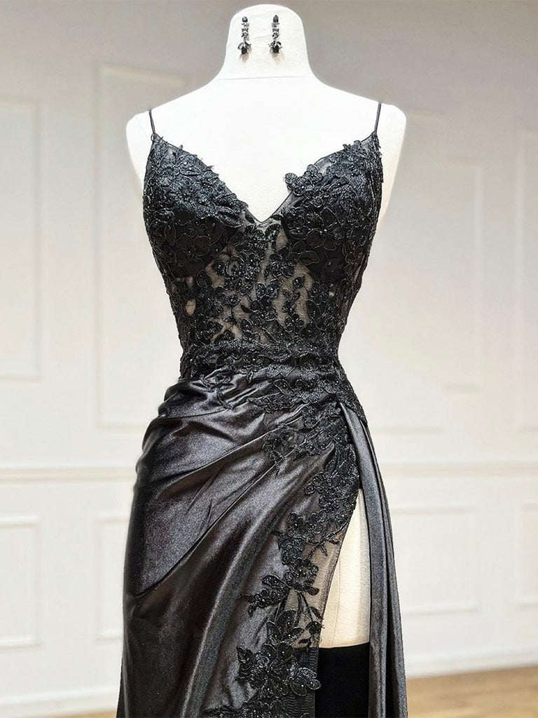 Elegant Black V-Neck Satin Lace Long Prom Evening Dress - Perfect for Formal Dances, Galas & Special Occasions