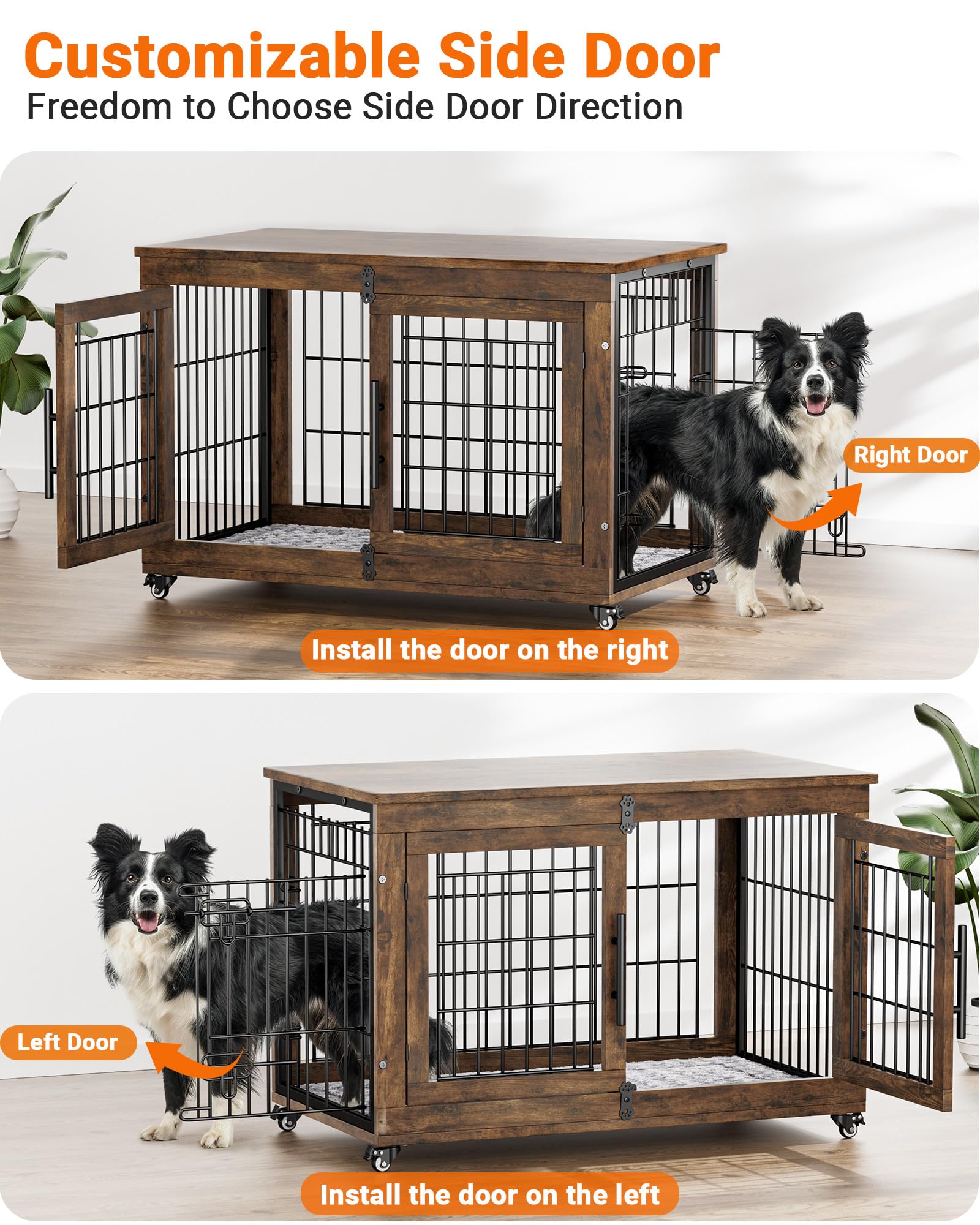 Rustic Brown Large Wooden Dog Crate Furniture with Cushion - 38.5