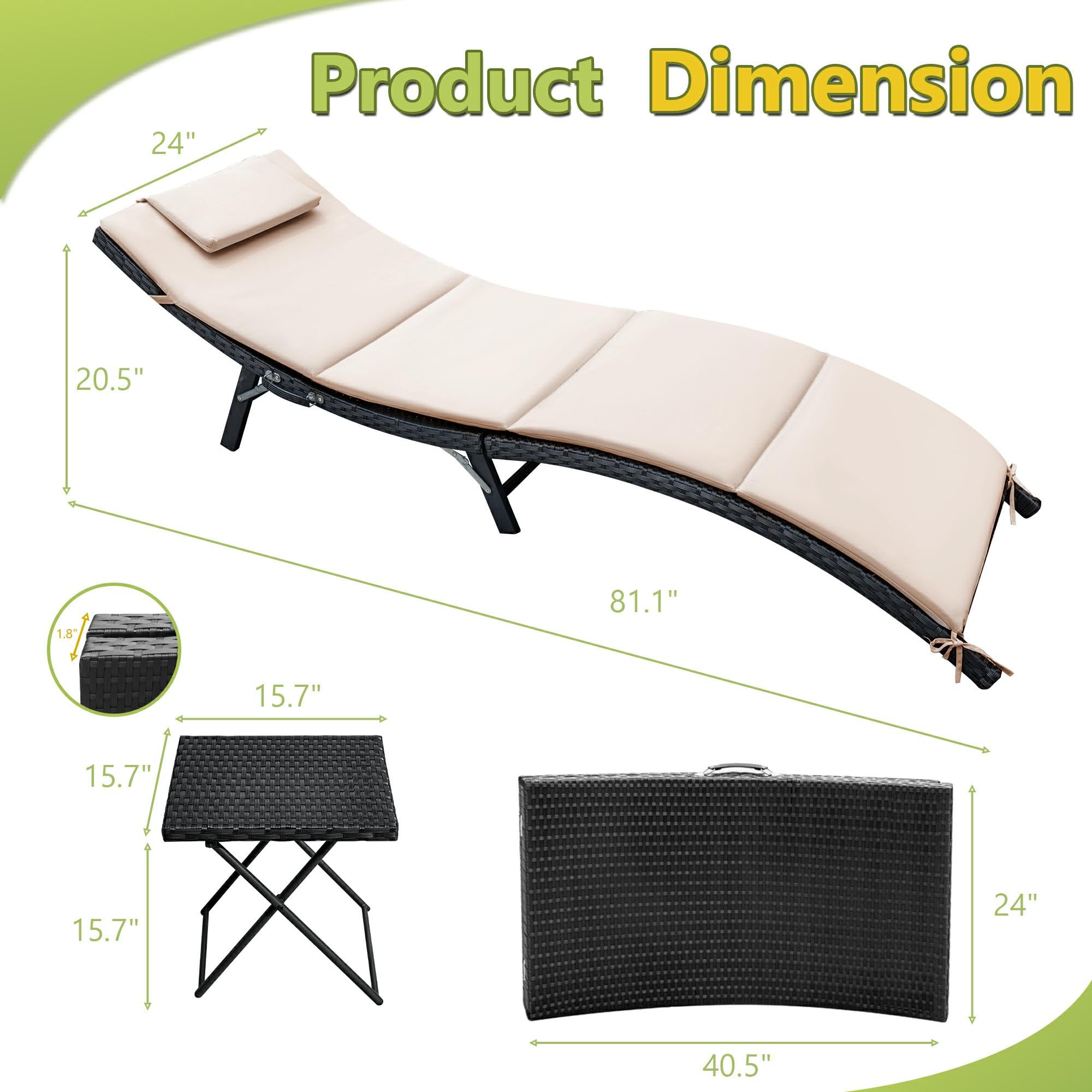 Flamaker 3-Piece Outdoor Chaise Lounge Set with Cushions - Modern PE Wicker Rattan Patio Furniture, Folding Chaise Loungers with Backrest & Side Table - Perfect for Poolside, Backyard, Garden Relaxation (Beige)