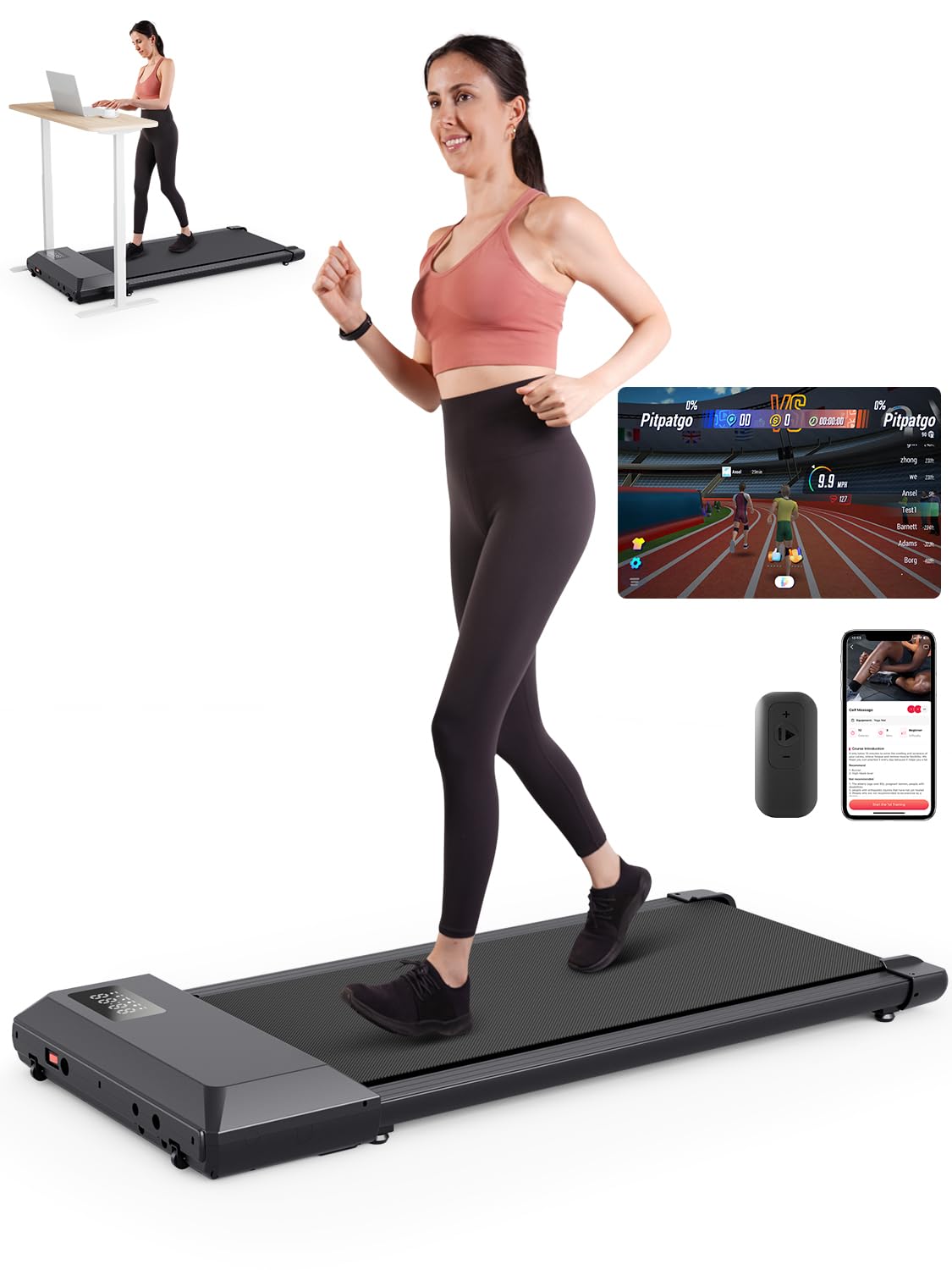 DeerRun Under Desk Treadmill - 2.5HP Quiet Portable Walking Pad for Home Office with APP/Remote Control & LED Display | No Installation Needed | Perfect for Workouts While Working or Watching TV