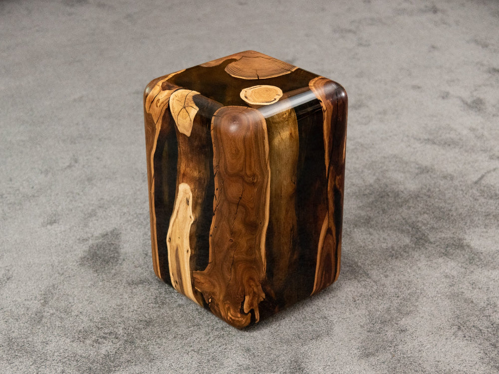 Modern Resin Cube Side Table with Epoxy Wood Design - Stylish Accent Stool for Living Room, Bedroom, or Office Decor