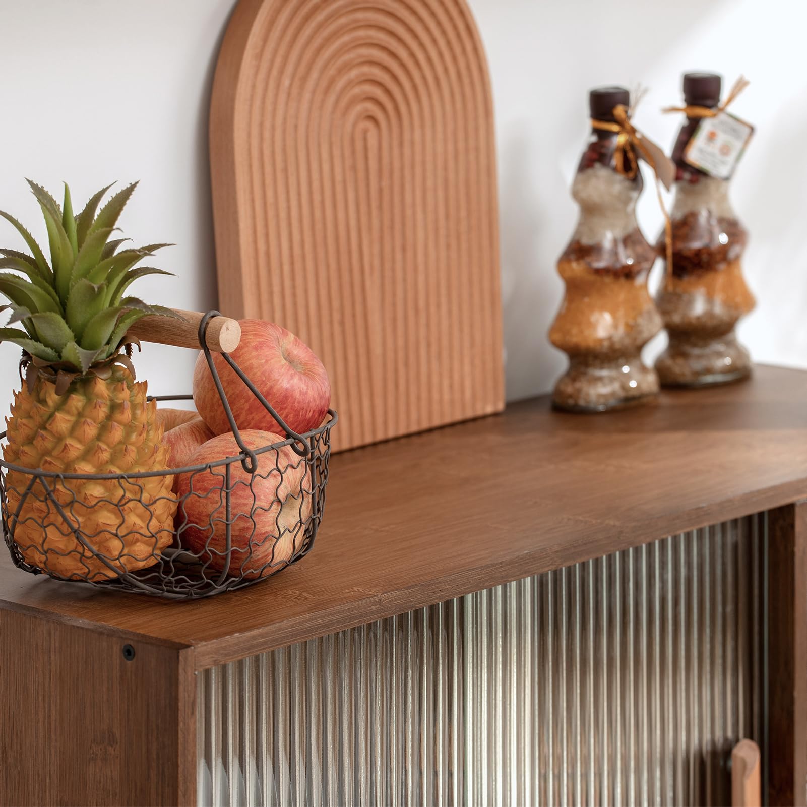 HollyHOME Bamboo Wall Mounted Kitchen Sideboard - 2 Sliding Glass Doors, Freestanding Storage Cabinet with Side Shelf for Bottles, Dishes & Bowls - Walnut Console Dining Cupboard for Small Spaces, Apartments & Modern Kitchens