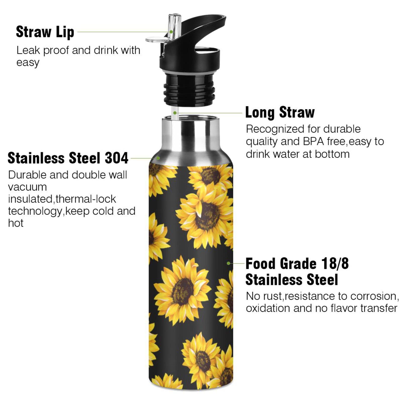 Kigai Insulated Stainless Steel Water Bottle 20oz - Sunflower Design, Leakproof Wide Mouth with Straw Lid - Perfect for Gym, Hiking & Outdoor Activities | BPA Free Sports Water Bottle for Fitness Enthusiasts