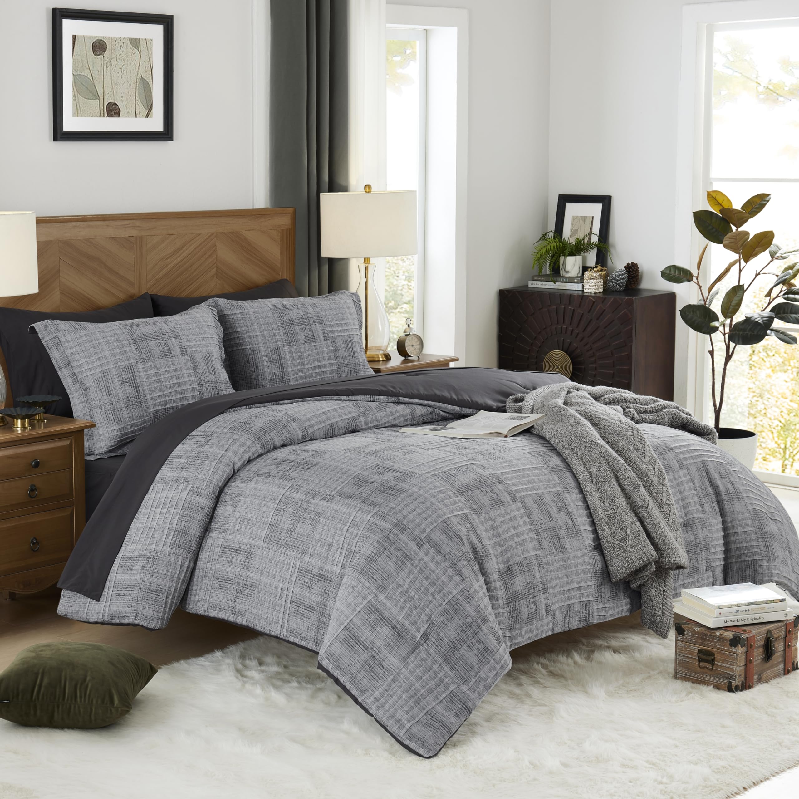 MaiRêve Charcoal Grey Full Comforter Set - 7 Piece Textured Crinkle Bed in a Bag with Comforter, Sheets, Pillowcases & Shams (80