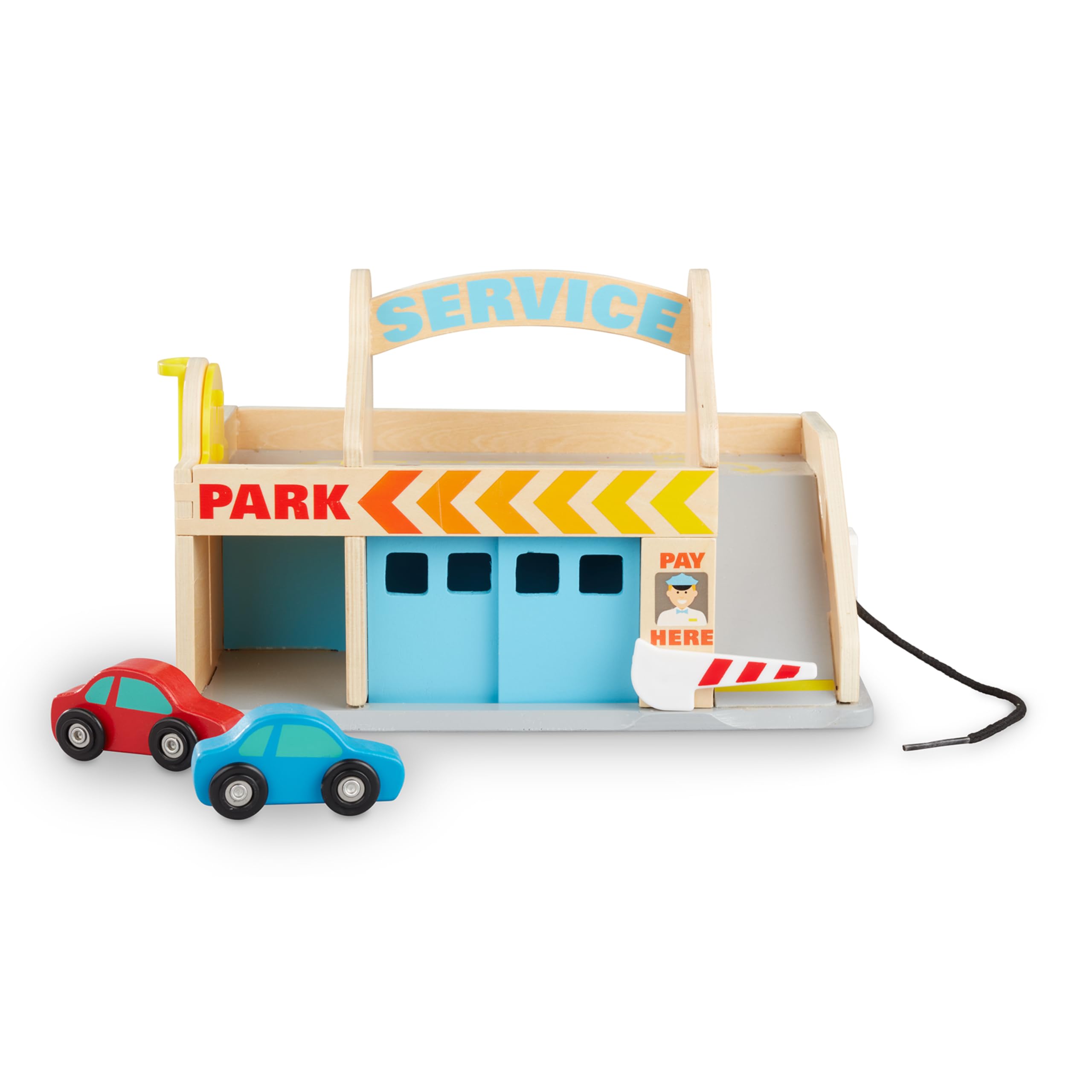 Melissa & Doug Wooden Service Station Parking Garage Toy Set with 2 Cars & Drive-Thru Car Wash - Perfect for Kids Pretend Play & Early Learning (SIOC)