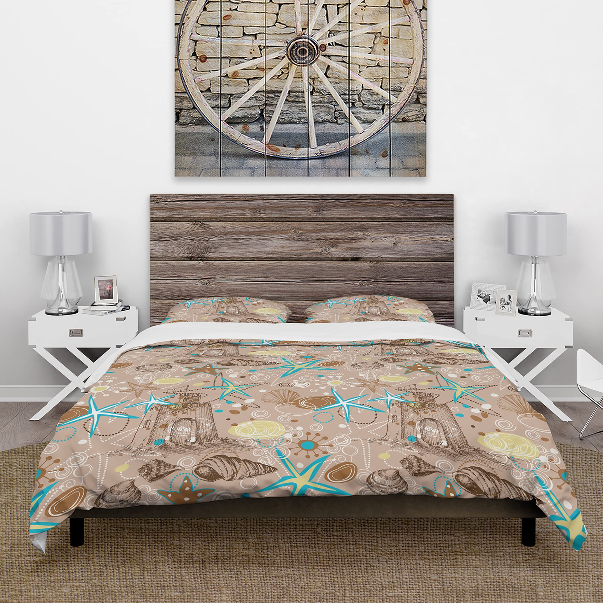 DesignQ Coastal Duvet Cover Set with Shells and Sea Stars - Beach Themed Bedding for Summer Decor, Guest Room Makeover & Seaside Vacation Homes