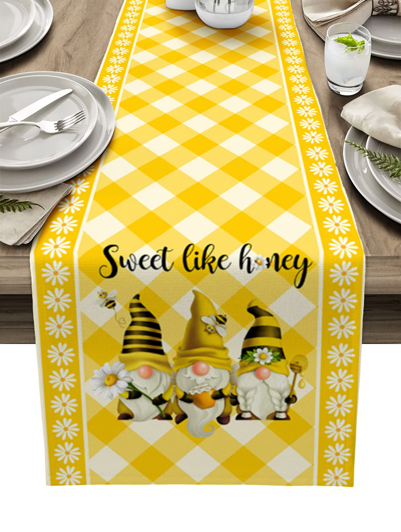 72 Inch Bee Daisy Summer Gnomes Table Runner - Kitchen & Dining Table Decoration, Wedding Party Tablecloth for Indoor/Outdoor Home Decor | Perfect for Spring Celebrations, Garden Parties & Holiday Gatherings
