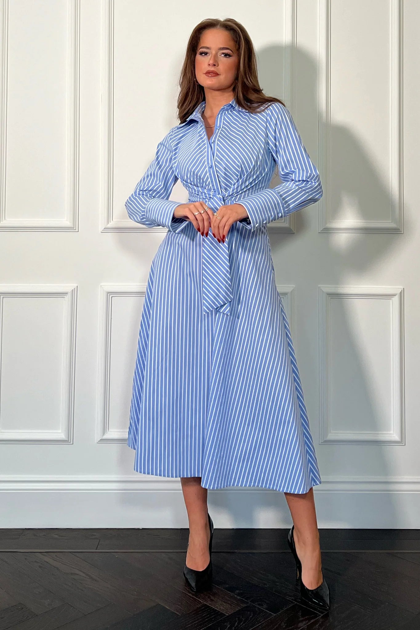 Isabella Blue Pin Stripe Tie Front Dress - Women's Elegant Casual Summer Dress for Office, Party & Date Night