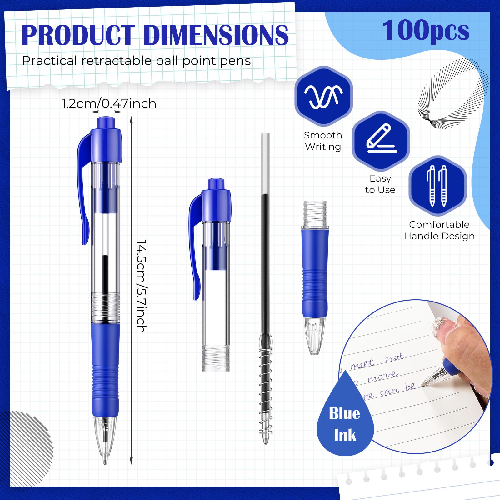 Fulmoon 100 Pack Retractable Ballpoint Pens - 1.0mm Medium Point Smooth Writing Gel Ink Pens (Blue) for Office, School, Journaling & Home Use - Perfect for Note Taking, Bullet Journaling & Everyday Writing Tasks