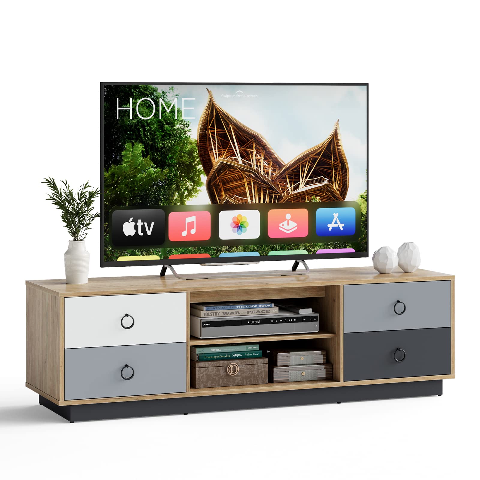 Tangkula 60 Inch Modern TV Stand with 2 Storage Cabinets & 2 Adjustable Shelves - Solid Wood Entertainment Center for Living Room, Bedroom - Cable Management Holes for 55-65 Inch TVs - Perfect for Home Theater & Media Storage