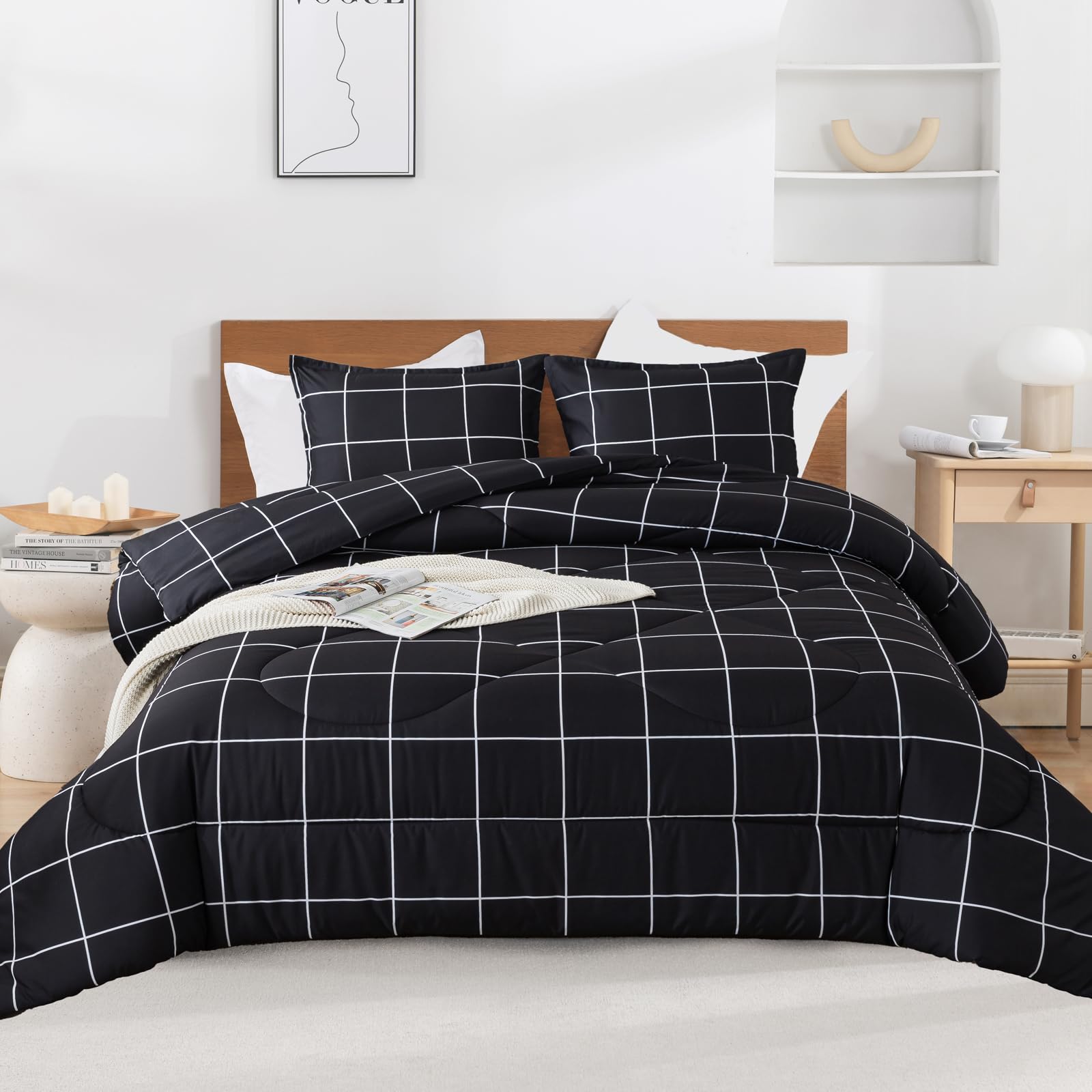 Andency Black Full Size 3-Piece Comforter Set - Plaid Grid Microfiber Bedding for Boys & Kids | All-Season Soft Lightweight Geometric Bedding Set | Perfect for Kids' Rooms, Dormitories & Guest Bedrooms