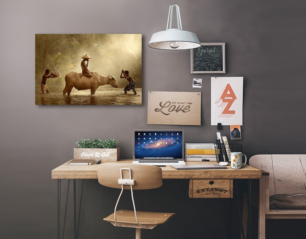 Lantern Press Kids Washing Water Buffalo Wall Art - 16x24 Wrapped Canvas Painting for Nursery, Kids Room & Home Decor - Perfect for Children's Bedroom, Playroom & Classroom Decorations