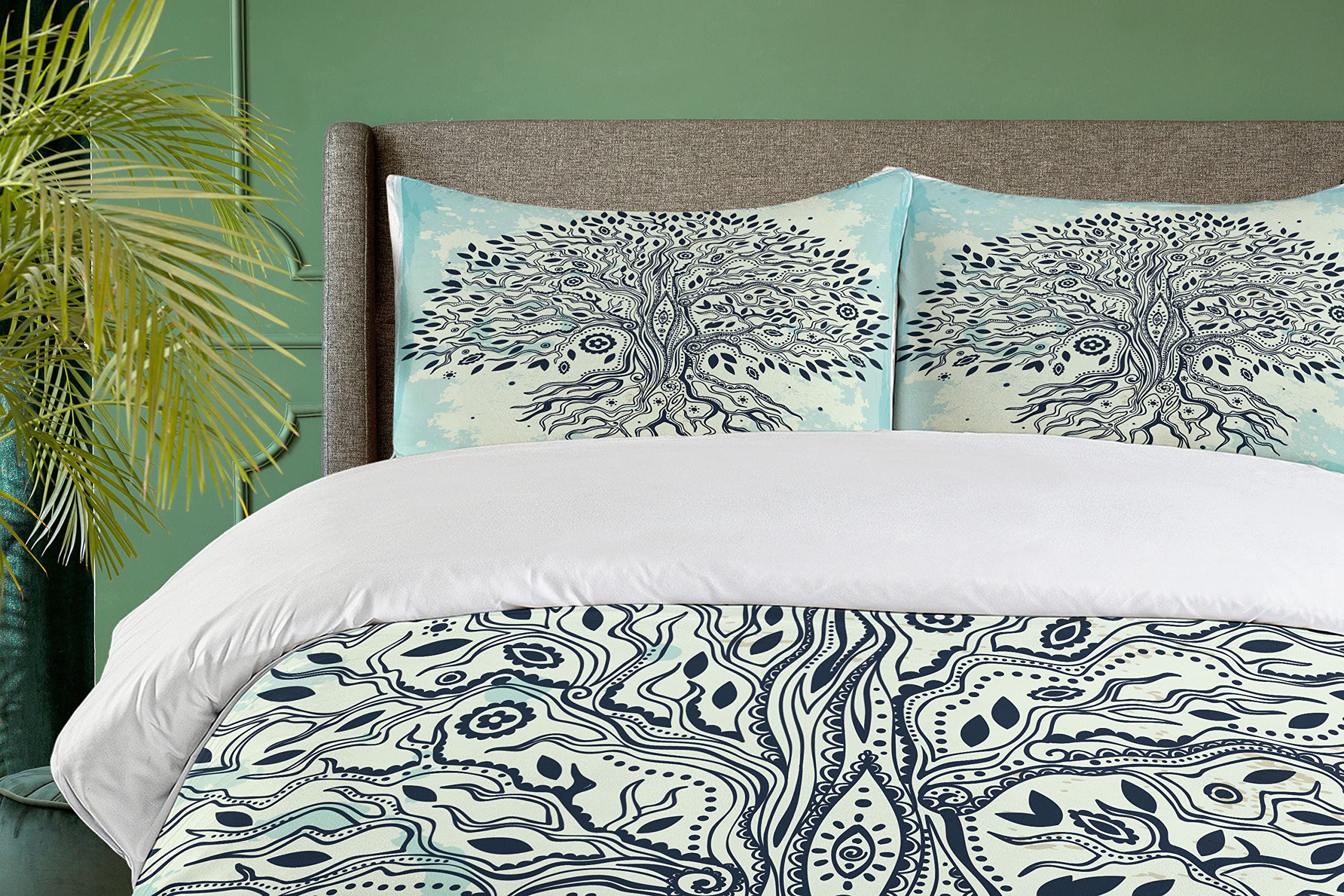 Ambesonne Bohemian Tree of Life Duvet Cover Set - King Size 3-Piece Bedding with 2 Pillow Shams, Indigo Cream Blue Ethnic Print | Hippie Chic Home Decor for Bedroom, Guest Room & Dorm