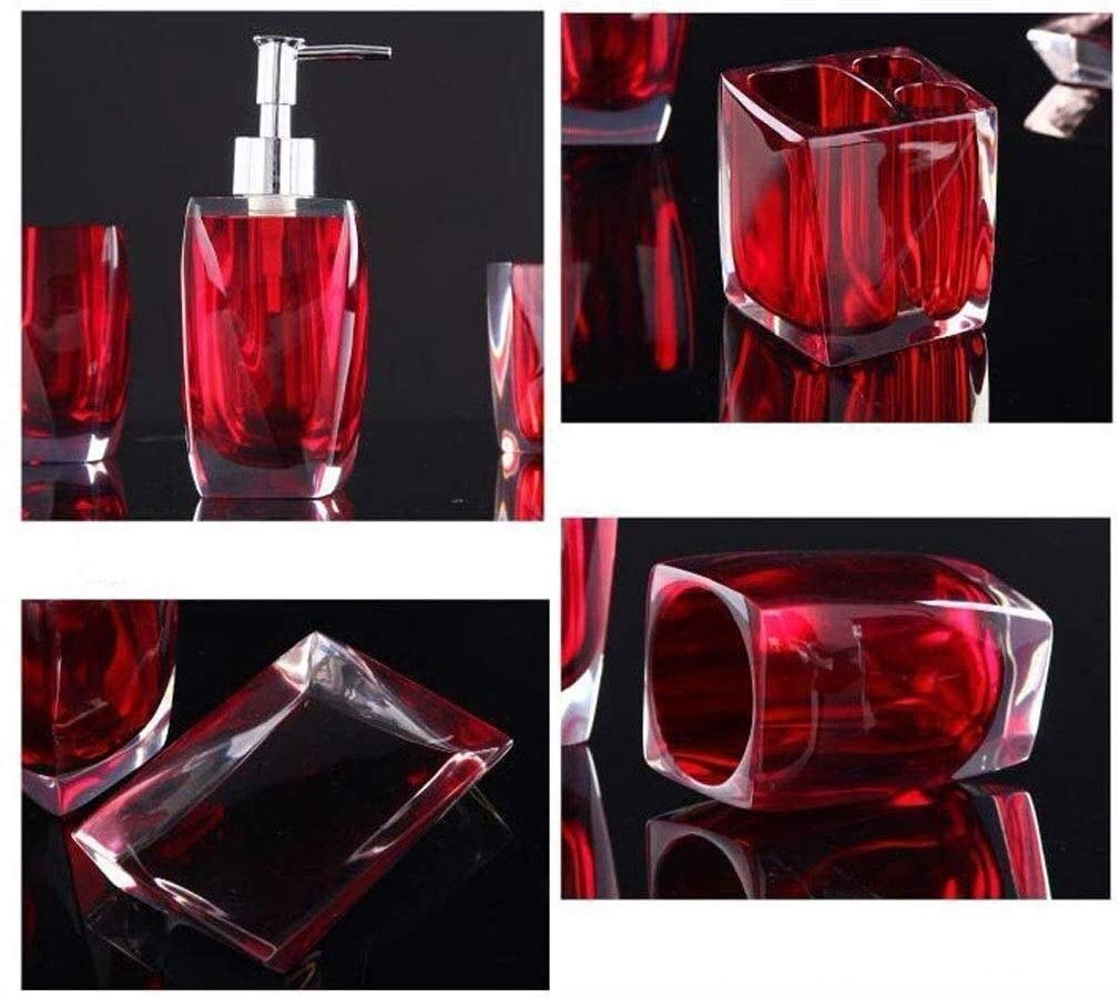 European Style Bathroom Accessory Set - Soap Dispenser, Toothbrush Holder, Glass, Tray & Soap Dish - Modern Sink Organizer for Vanity Countertop (Red) - Perfect for Guest Bathrooms, Master Suites & Apartment Decor