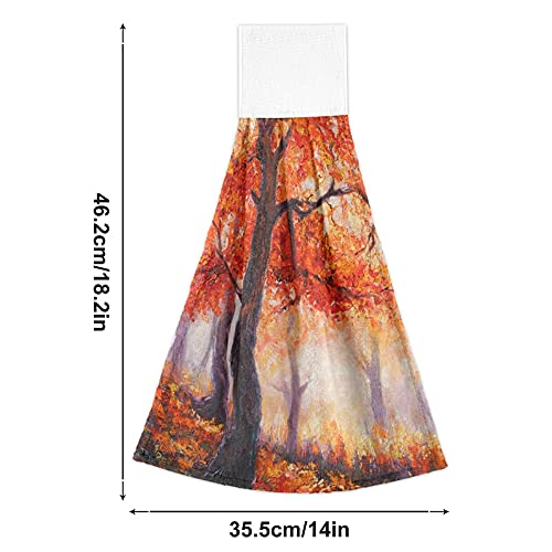 Autumn Maple Forest Kitchen Hanging Hand Towels Set of 2 - Fall Scenery Oil Painting Design, Absorbent Cotton Loop Towels for Thanksgiving - Perfect for Kitchen, Bathroom, Restroom Decor & Holiday Home Decorating
