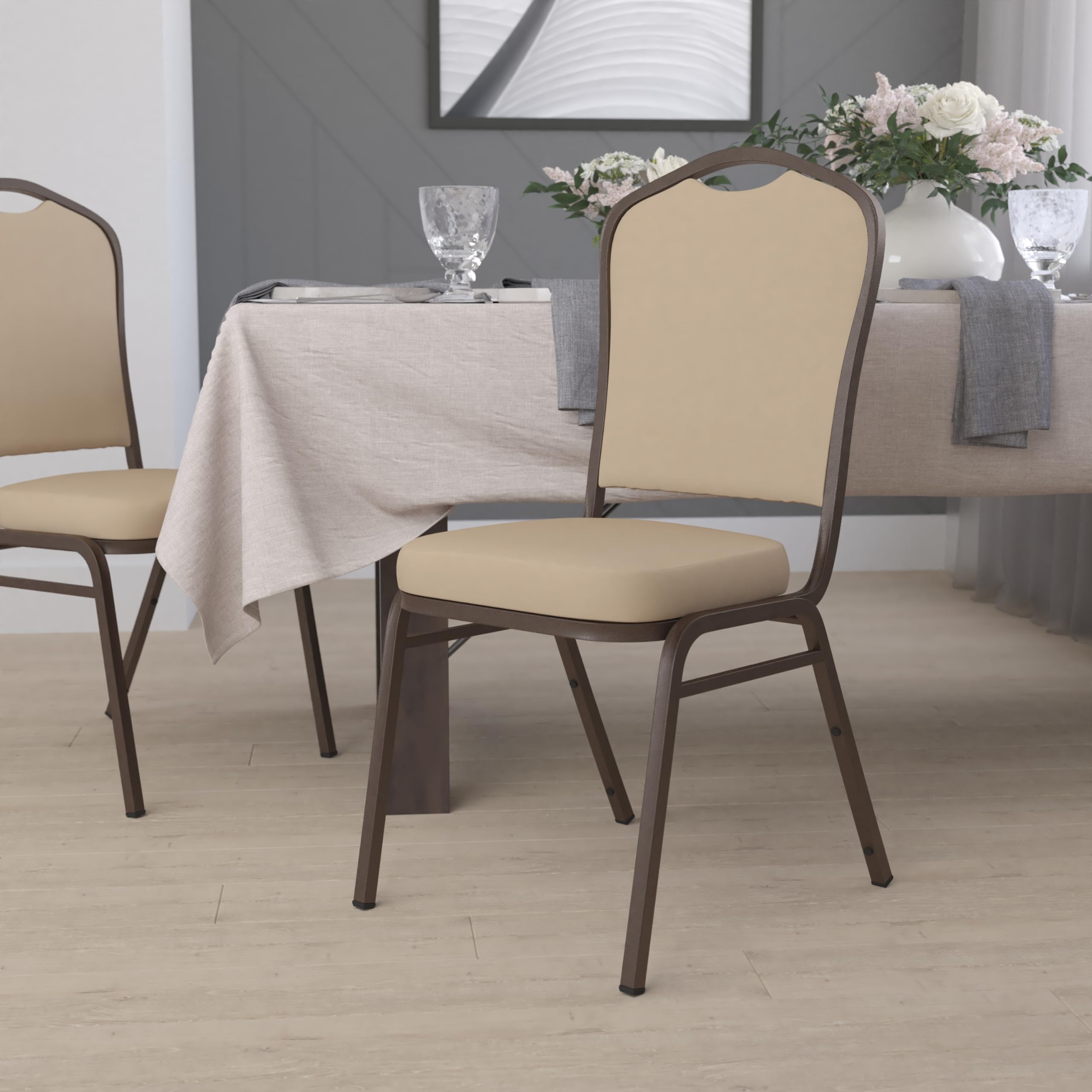 Emma & Oliver Tan Vinyl Crown Back Stacking Banquet Chair with Copper Vein Frame - Elegant Event Seating for Weddings, Parties & Banquets