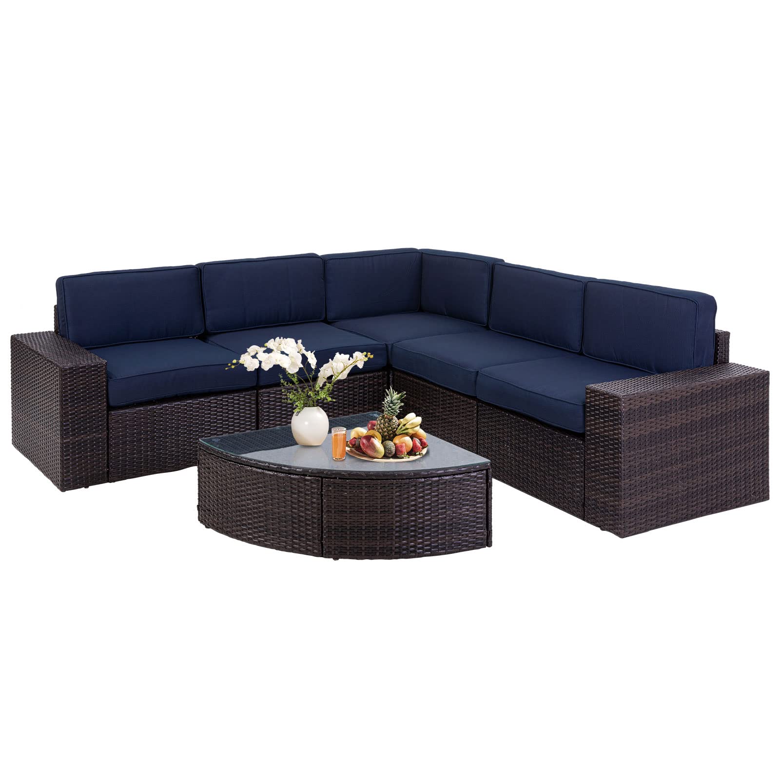 6-Piece Outdoor Sectional Sofa Set - Patio Wicker Furniture with Tempered Glass Table & Cushions - Dark Blue Conversation Set for Backyard, Poolside or Garden Relaxation